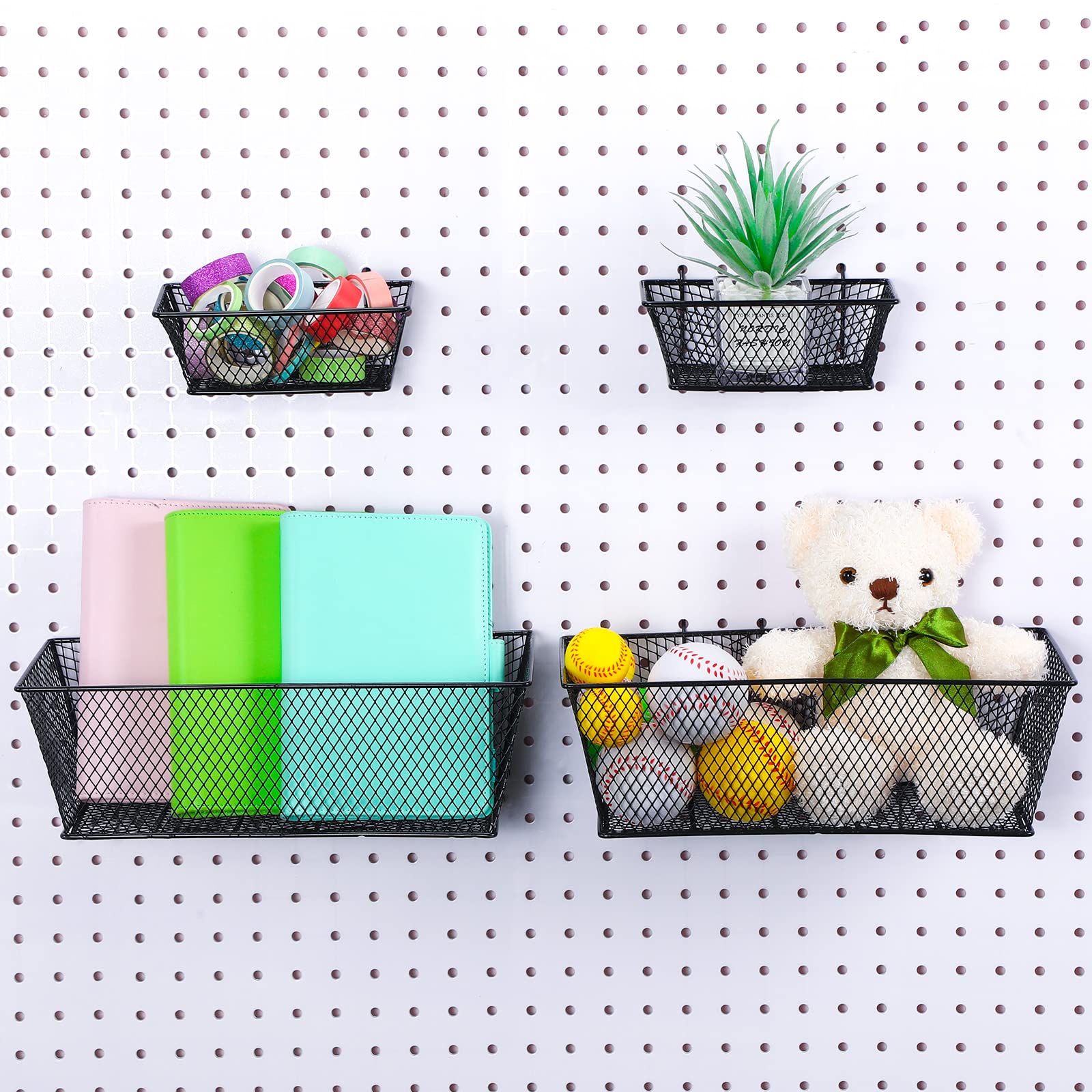 Sieral 4-Pack Black Pegboard Baskets - Metal Wire Shelf Organizers for Pegboard Wall Mount - Small & Large Size Tool Storage Accessories - Perfect for Garage, Workbench, Kitchen & Pantry Organization