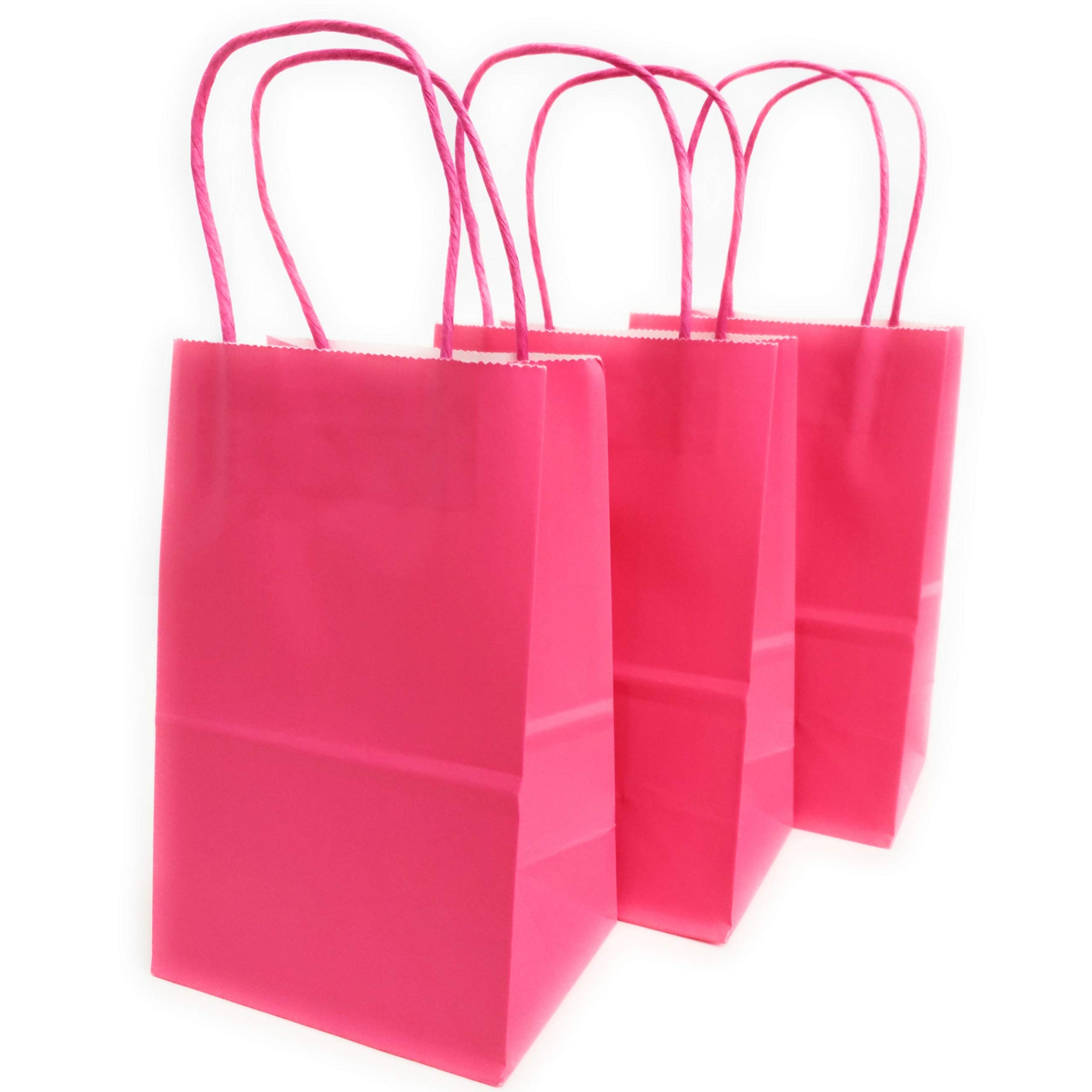 Kelkaa 24-Pack Hot Pink Kraft Party Favor Bags with Handles - 5.25x3.5x8.5 Inches Small Paper Tote Bags for Birthday, Wedding, Bachelorette & Theme Parties - Perfect for Candy, Gifts & Party Decorations