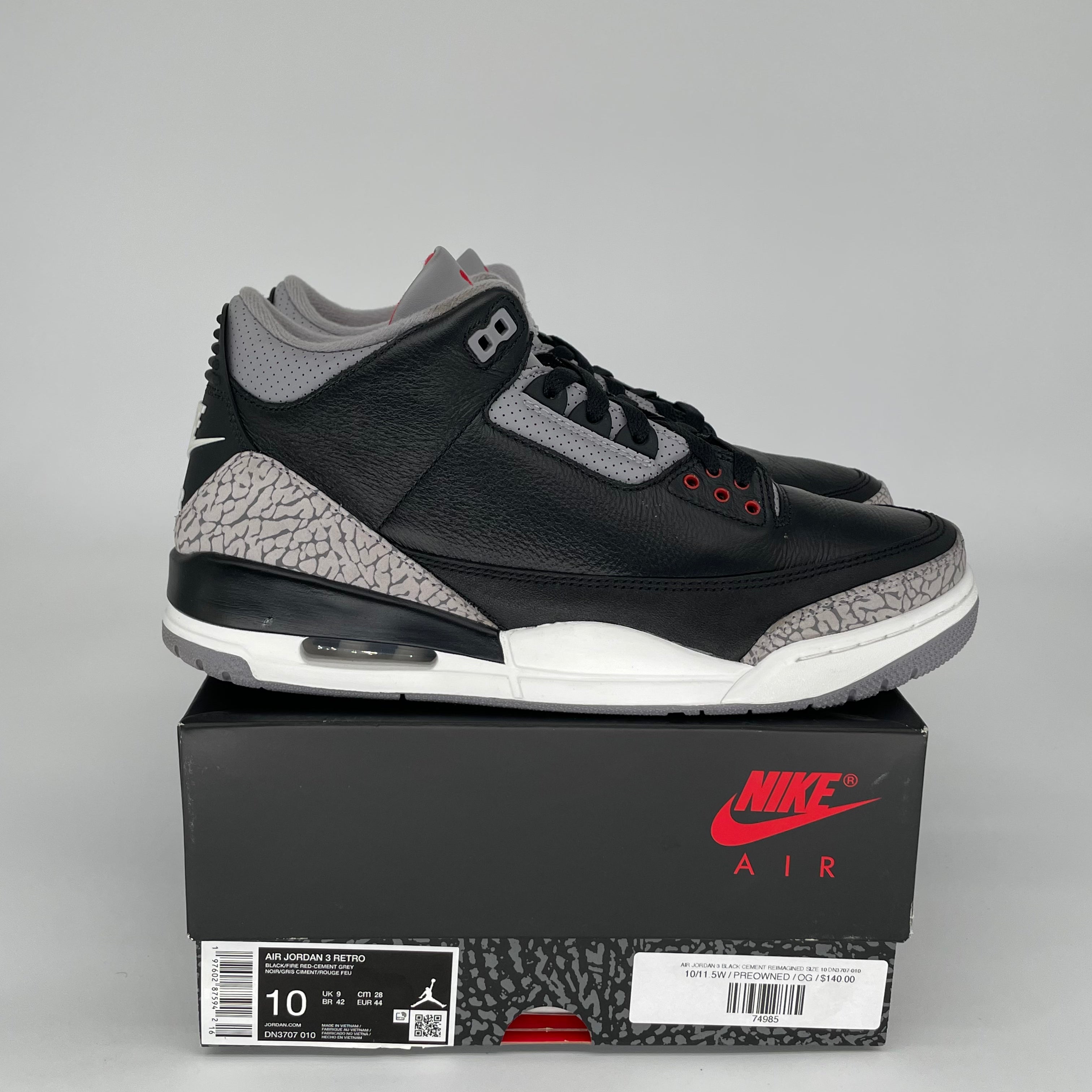 Original Air Jordan 3 Black Cement Reimagined Men's Basketball Shoes - Size 10 (DN3707-010) | Retro Sneakers for Streetwear & Casual Outfits