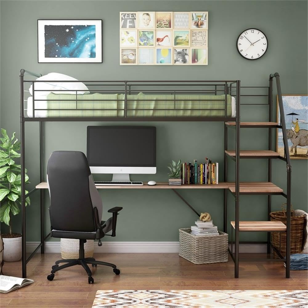Pico Metal Twin Loft Bed with Workstation in Sand Black - Space-Saving Study & Sleep Solution for Kids & Teens | Durable Metal Frame & Built-in Desk | Perfect for Small Bedrooms, Dorms & Apartments