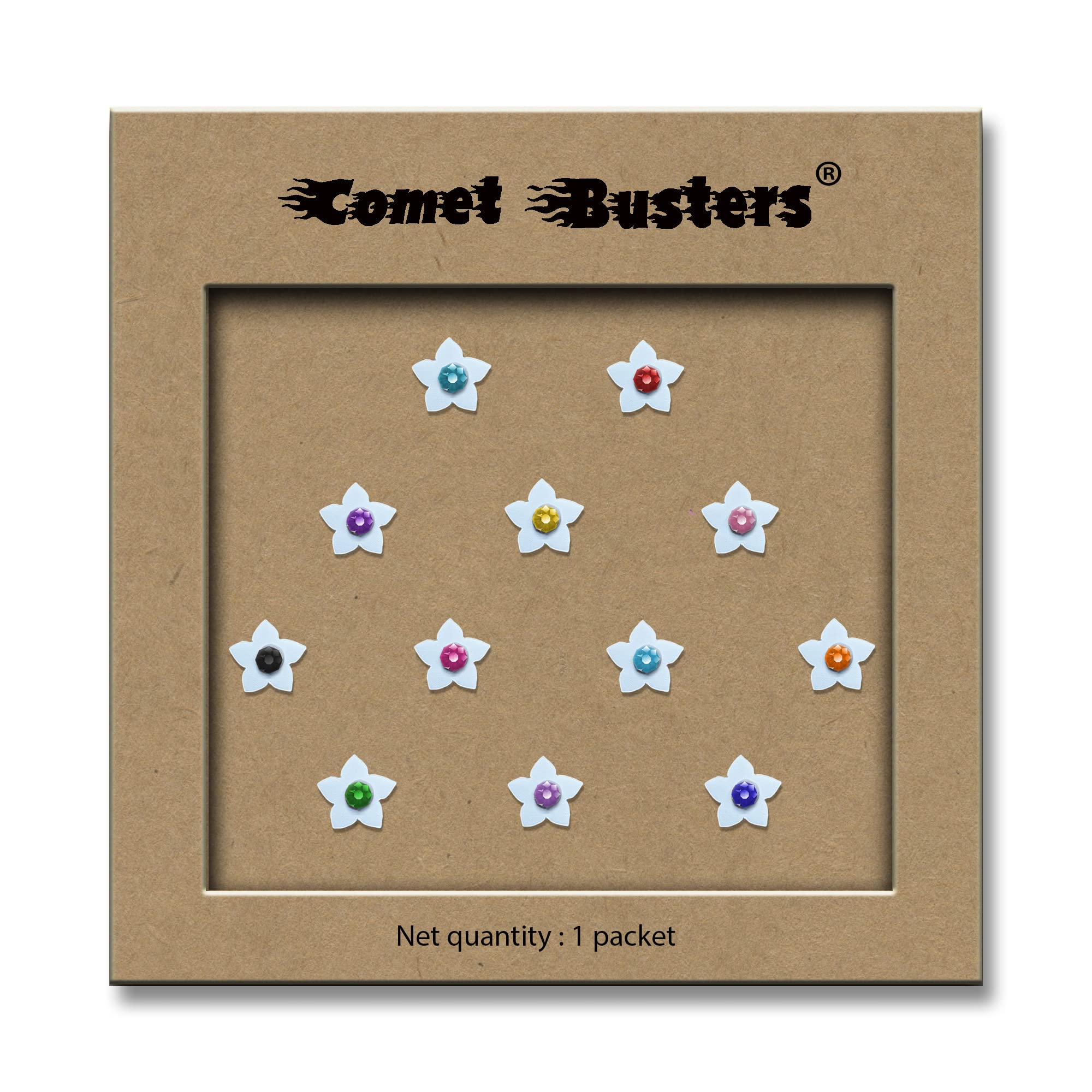 Comet Busters Cute White Floral Baby Bindis with Colorful Stones - 6mm Kids Face Stickers for Parties, Halloween & Indian Festivals (BB050)