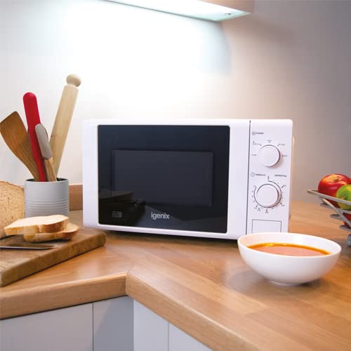 Igenix IG2071 Solo Manual Microwave Oven - 700W, 20L Capacity, 5 Power Levels & Defrost Function, 30-Minute Timer, White - Perfect for Small Kitchens, Dorms & Office Break Rooms