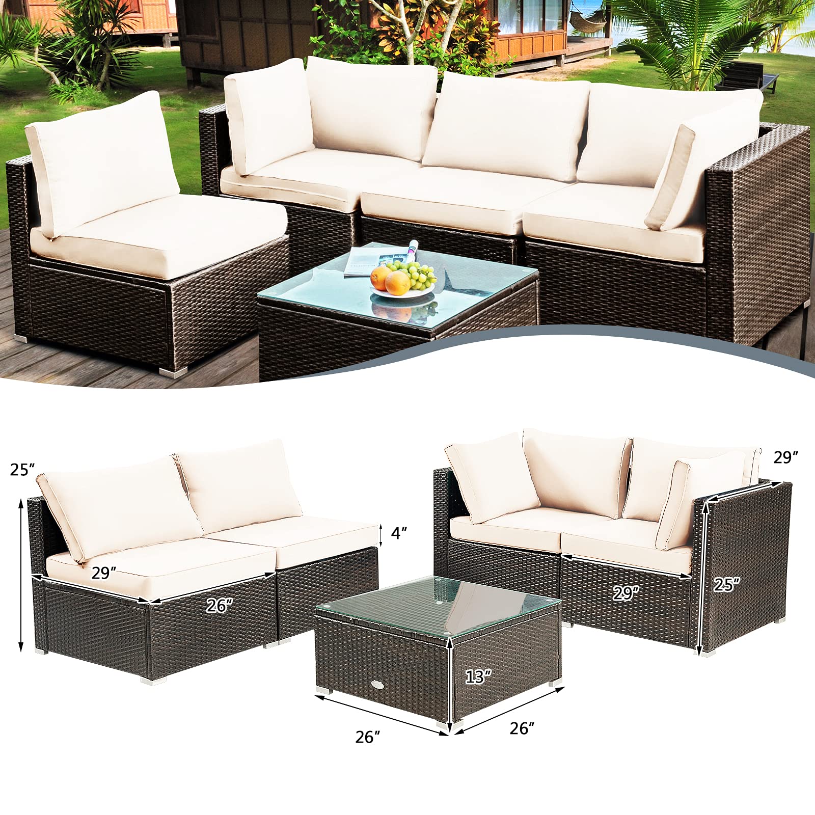 HAPPYGRILL 5-Piece Outdoor Patio Furniture Set - Rattan Wicker Sectional Sofa with Coffee Table & Cushions - Perfect for Backyard, Porch, Garden, and Poolside Relaxation