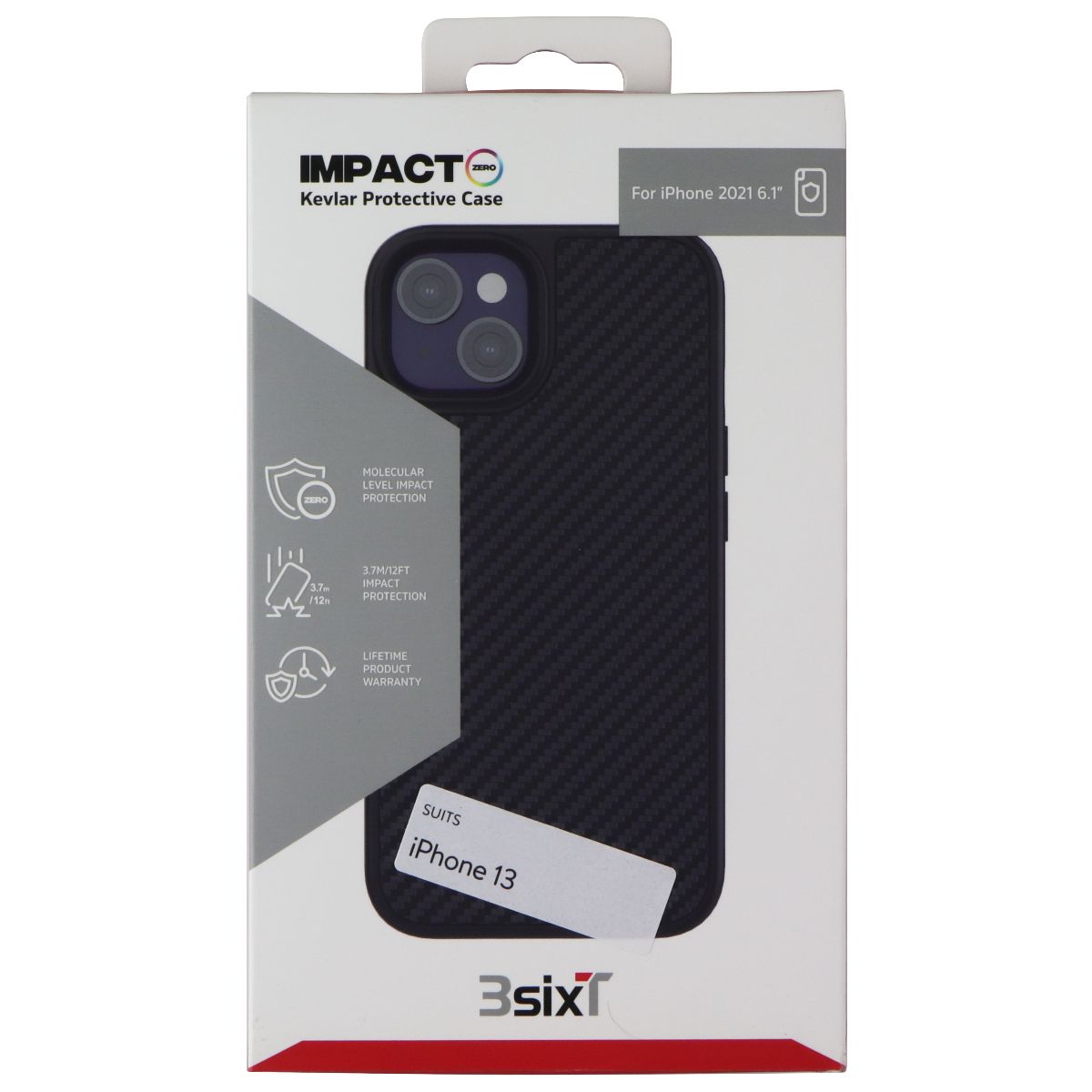 3SIXT Impact Zero Series Kevlar Black Case for Apple iPhone 13 - Ultra Protective Slim Phone Cover | Perfect for Outdoor, Travel & Everyday Use