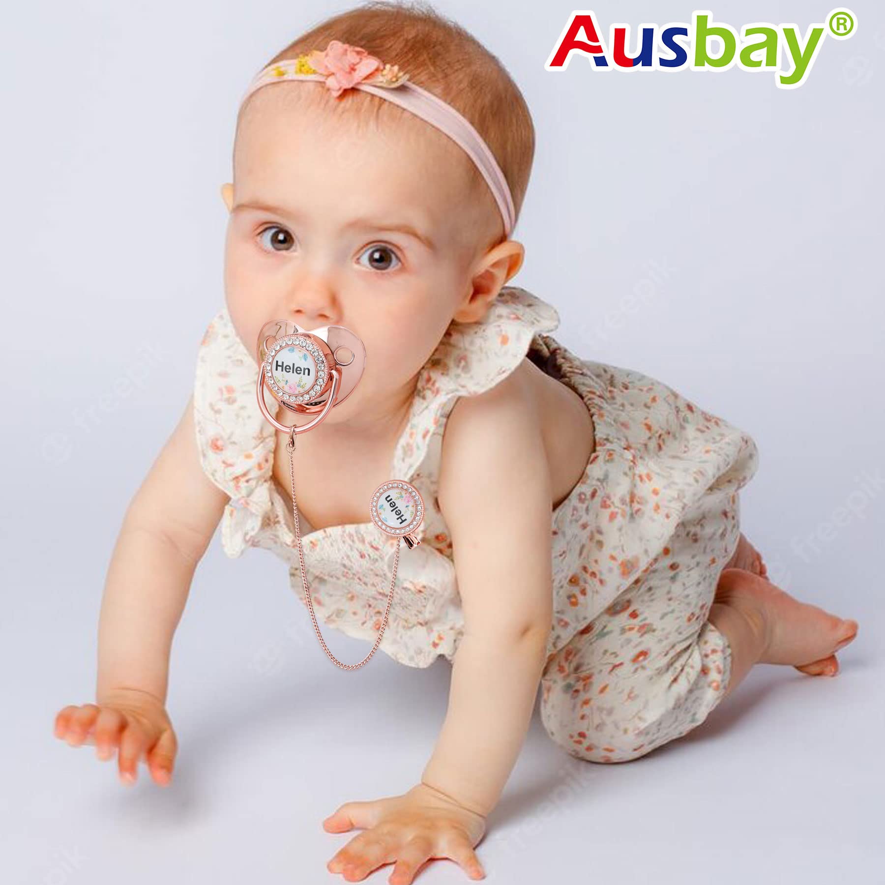 Personalized Baby Pacifier and Pacifier Clip Set with Name - BPA Free, Bling Gold/Silver/Pink/Rose Gold - Luxurious Newborn Gift for Baby Showers, Christenings & Birthdays (Rose Gold)