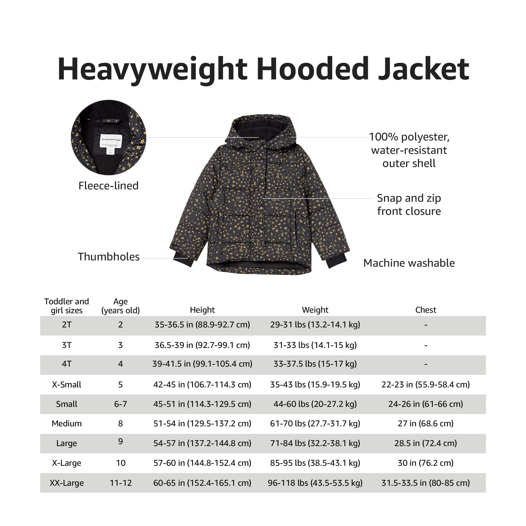 Amazon Essentials Girls & Toddlers' Heavyweight Hooded Puffer Jacket - Warm Winter Coat for Kids Outdoor Play, School & Snow Activities