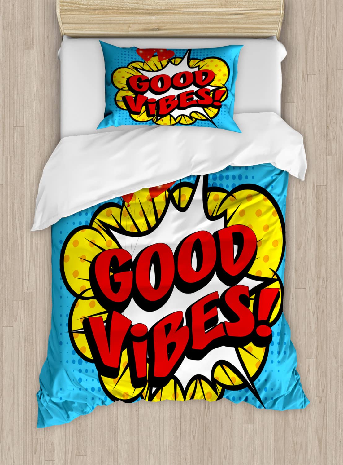 Ambesonne Pop Art Duvet Cover Set - Retro Speech Bubble & Heart Balloons Design, 2-Piece Twin Size Bedding with 2 Duvet Covers & 2 Pillowcases in Blue, Yellow, Vermilion | Perfect for Teen Bedrooms, Dorm Decor & Retro-Themed Home Styling