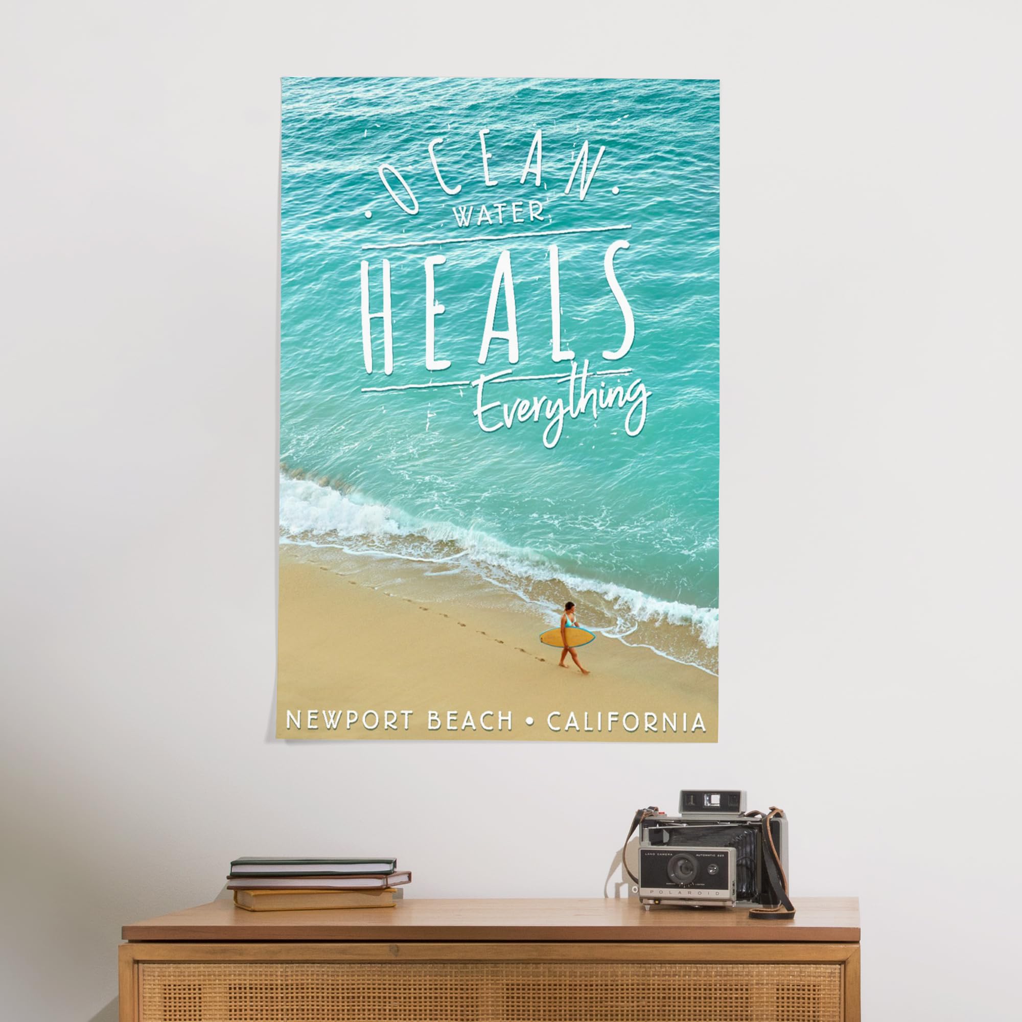 Lantern Press 24x36 Inch Giclee Art Print - Newport Beach California Coastal Wall Decor with Surfer Walking on Shoreline | Ocean Wave Painting for Beach House, Living Room & Office Decor | Perfect Surfing Gift & Relaxing Coastal Art