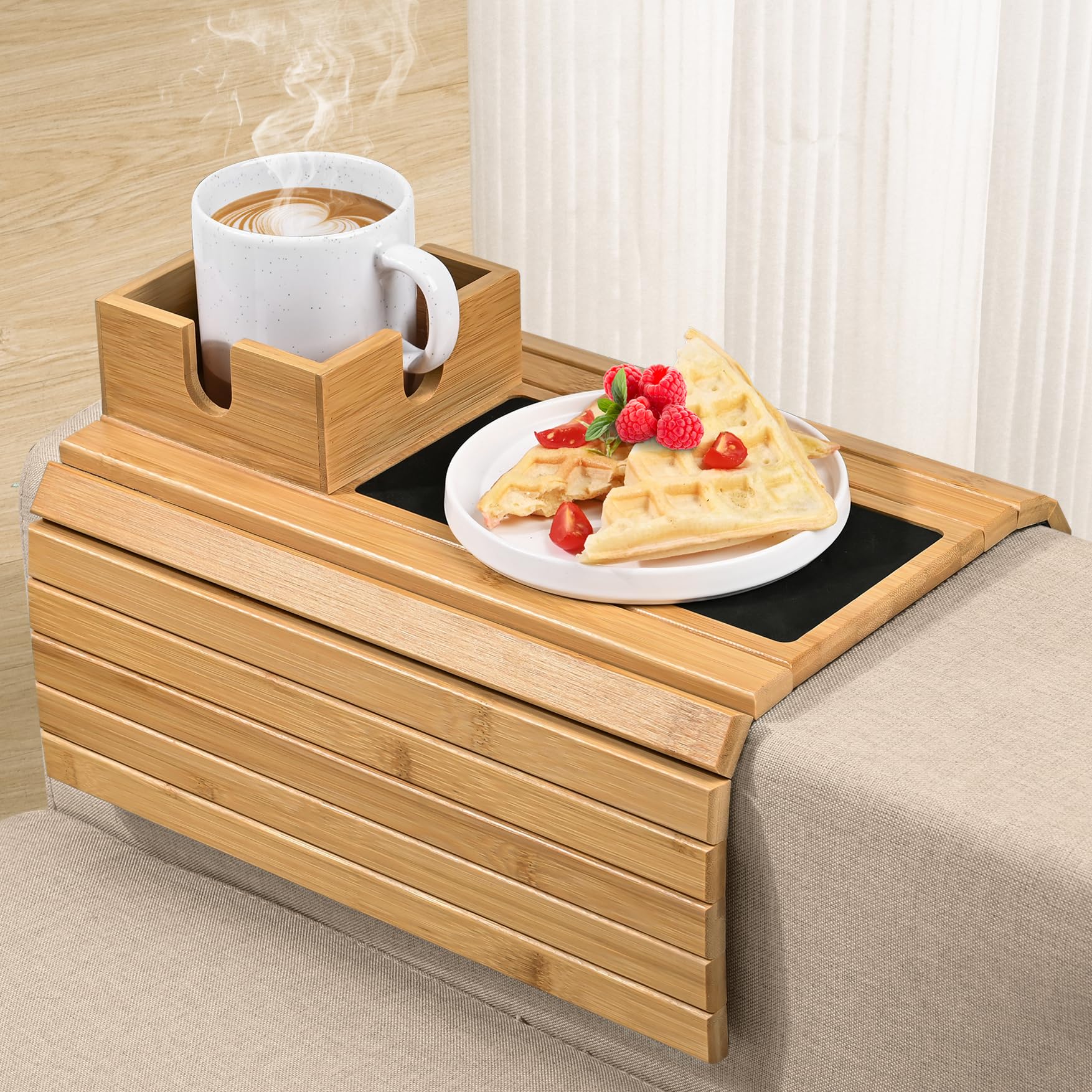 Joy&Grace Bamboo Sofa Armrest Tray with Large Mug Holder - Foldable Anti-Slip Couch Cup Holder & Arm Table for Eating, Drinking, Holding Phone - Perfect for Living Room, Bedroom, Office (Natural Color)