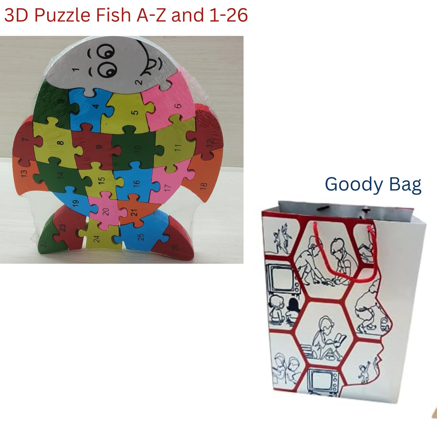HAPYDOSE Wooden 3D Fish Puzzle A-Z & 1-26 Alphabet Learning Toy with Gift Bag - Montessori Educational Toys for Toddlers Kids Preschool Boys Girls - Perfect Birthday Return Gifts & Early Childhood Development Activity