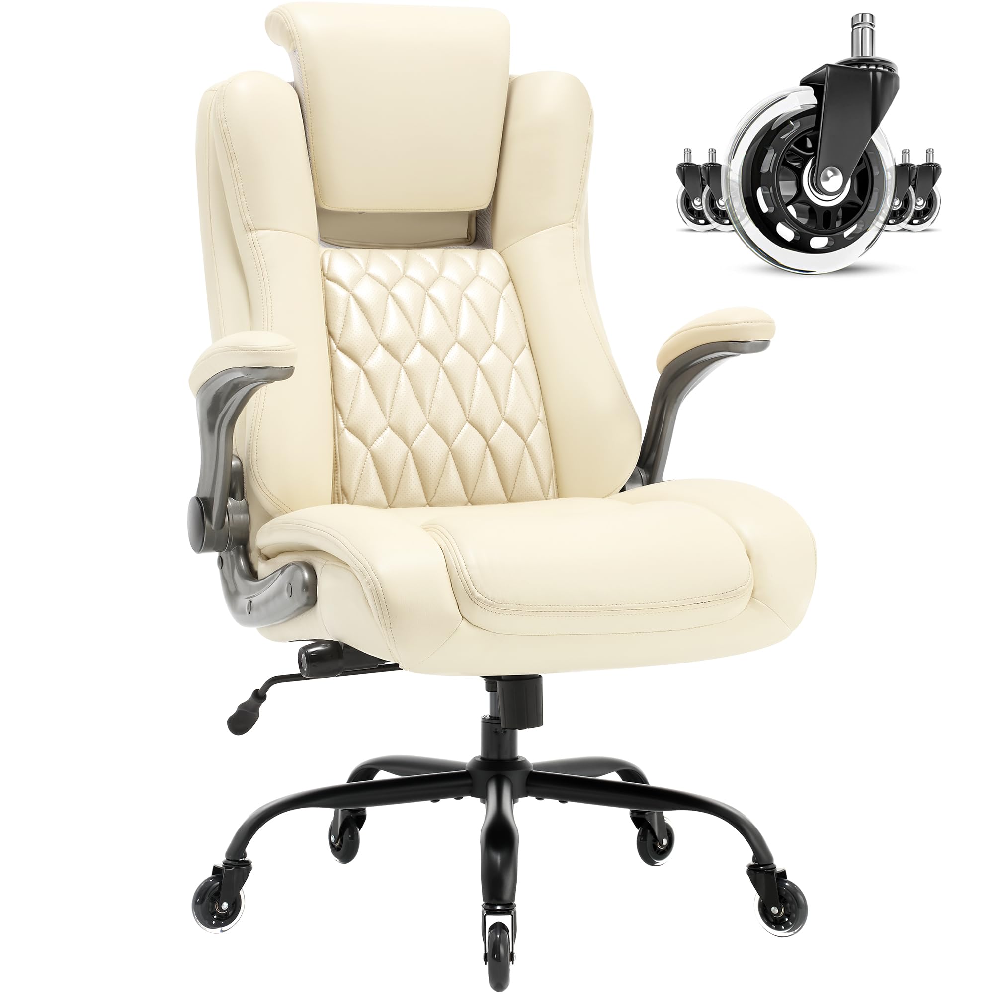 Ergonomic High Back Office Chair with Flip-Up Armrests & Adjustable Lumbar Support - Executive Desk Chair with Lift Headrest & Sturdy Metal Base for Home Office, Gaming & Workspace Comfort