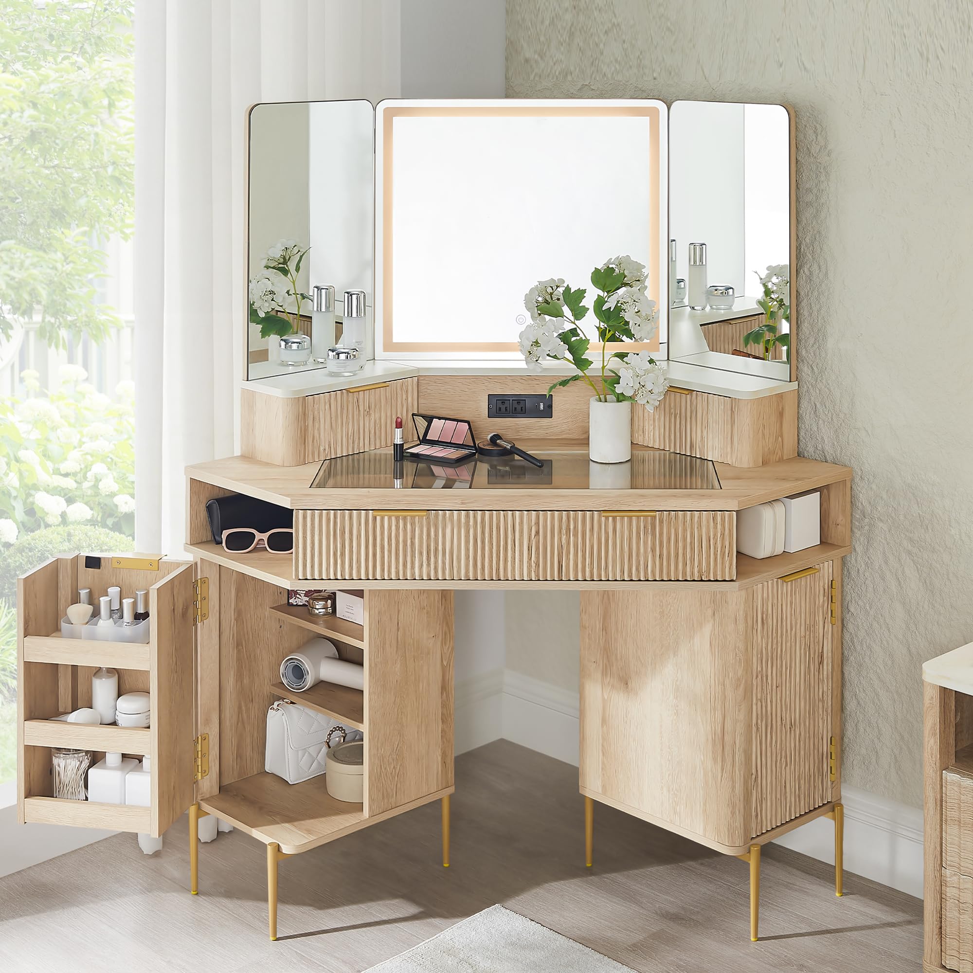 T4TREAM 48 Inch Fluted Makeup Vanity Desk with HD Triple Mirror & LED Lights - Modern Lighted Corner Dressing Table with Glass Top, 3 Drawers & 2 Cabinets - Natural Oak Finish for Bedroom, Home Decor & Beauty Room Organization