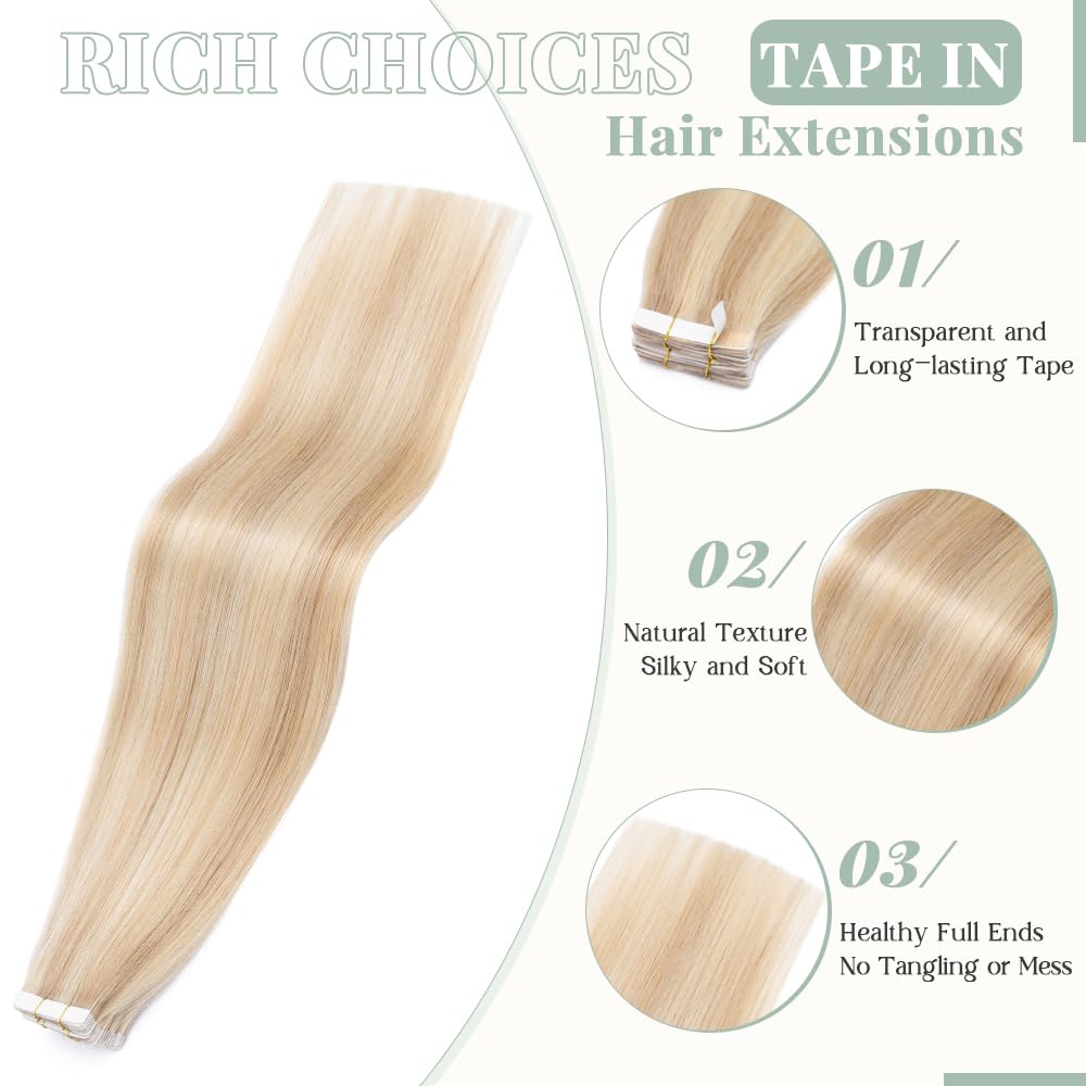 Premium 20-Piece Tape in Hair Extensions - 100% Remy Human Hair, 30g, Balayage Ash Blonde with Highlights - Seamless Straight Double-Sided 10-Inch Extensions for Natural Volume & Length - Perfect for Parties, Weddings & Everyday Styling