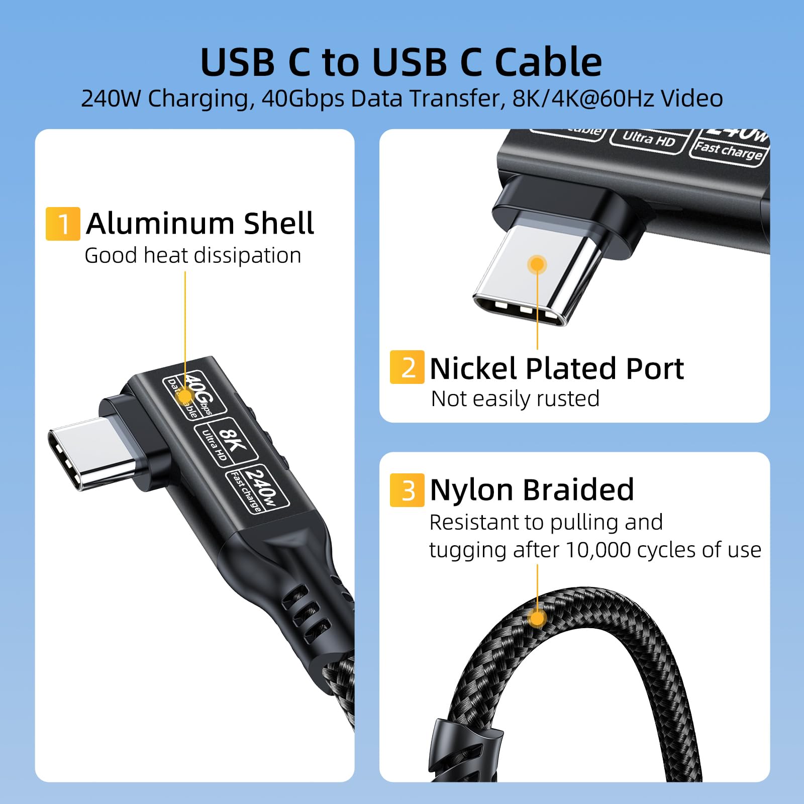 90 Degree Right Angle USB C Cable 3.3ft 2-Pack - 240W PD Fast Charging, 40Gbps Data Transfer, 8K/4K Video - Compatible with Thunderbolt 4/3, MacBook, iPhone 15, iPad, Samsung Galaxy & Type C Devices - Perfect for Tight Spaces & Travel Charging
