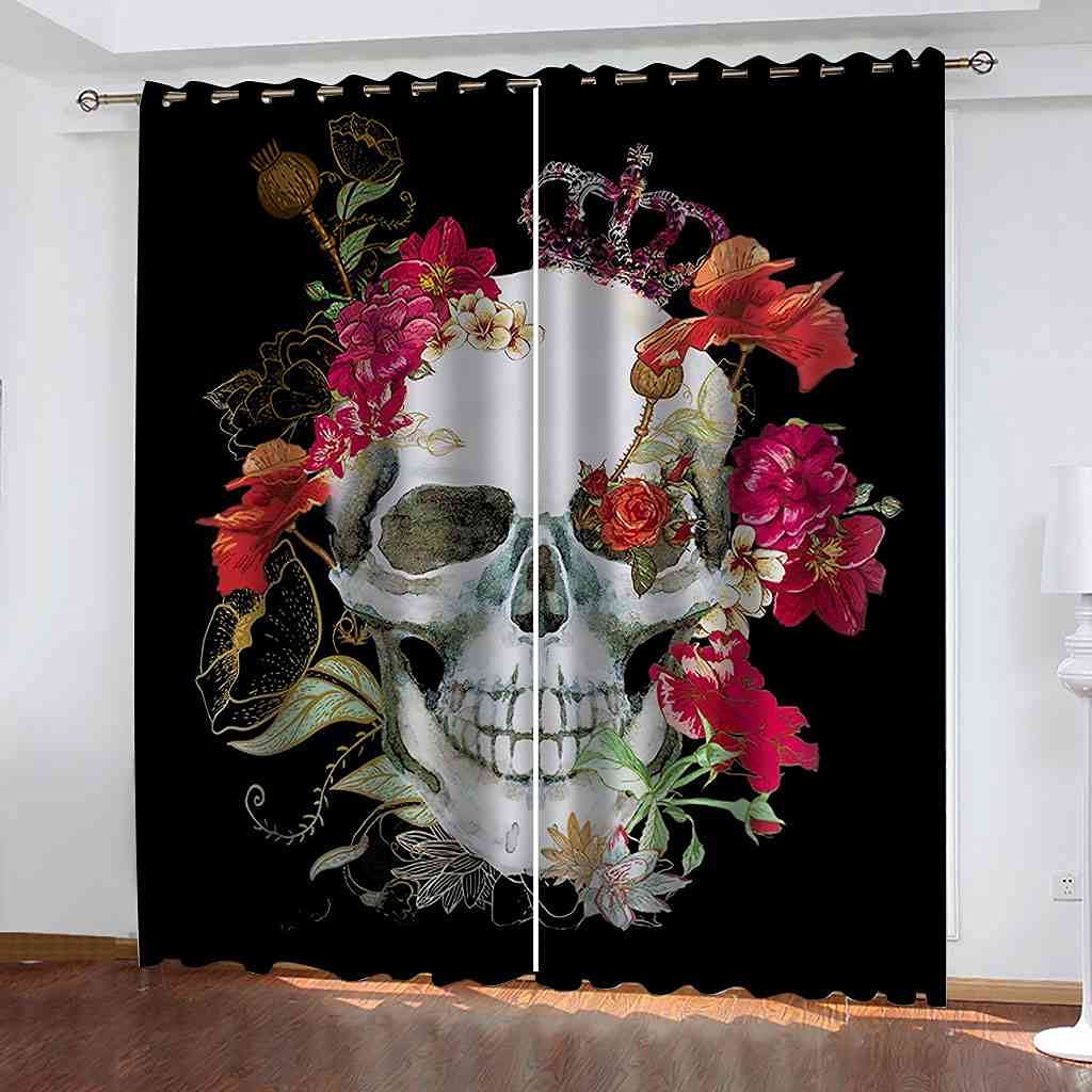 3D Digital Printing Red Flowers Skull Art Blackout Curtains - 78x84 Inches Polyester Fiber Eyelet Window Drapes for Living Room, Kitchen & Bedroom | Room Darkening Design, Perforated Curtains for Gothic Decor & Home Theater Use