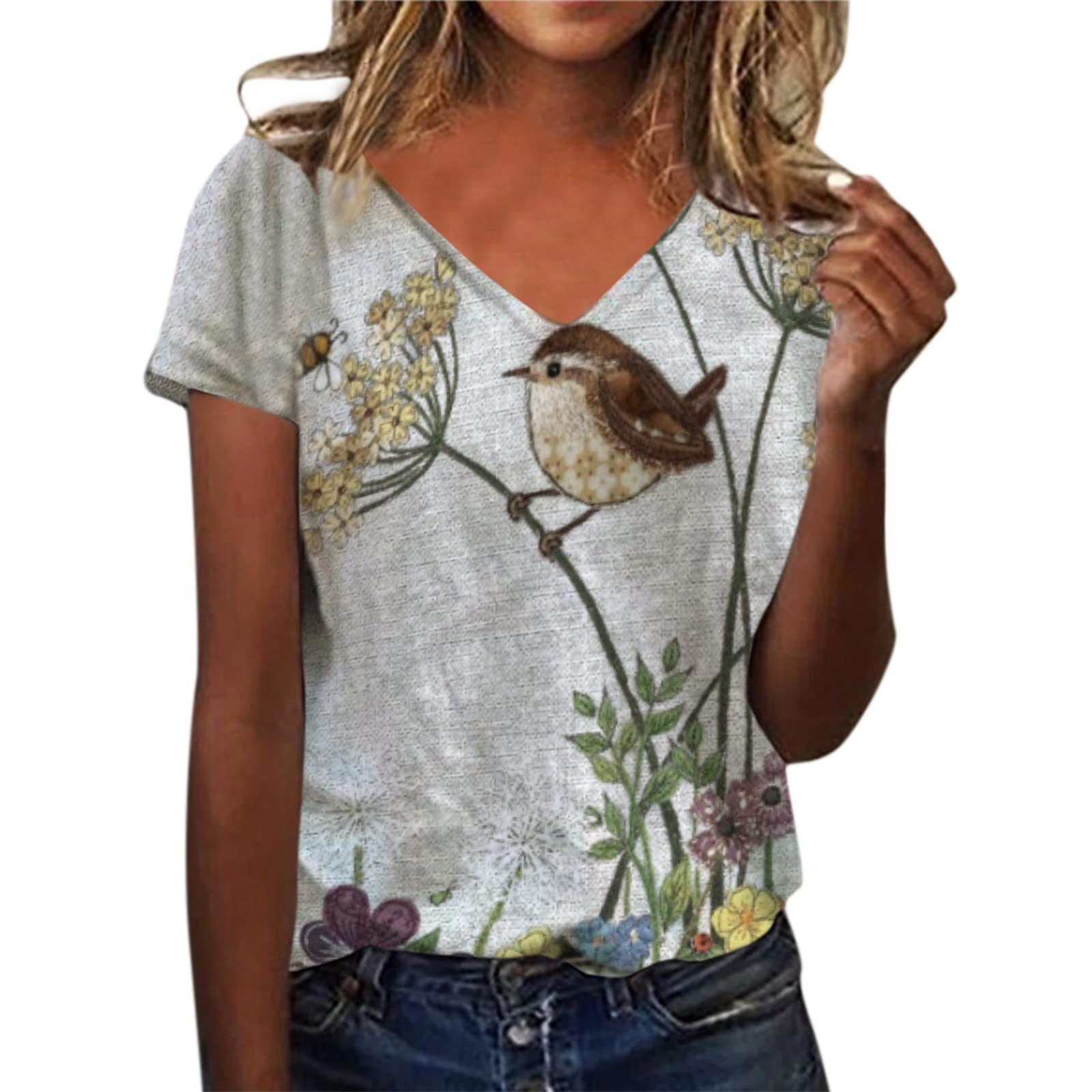 Women's Summer Short Sleeve V-Neck Floral Printed Casual T-Shirt - White Cotton Blouse for Beach, Vacation & Everyday Wear