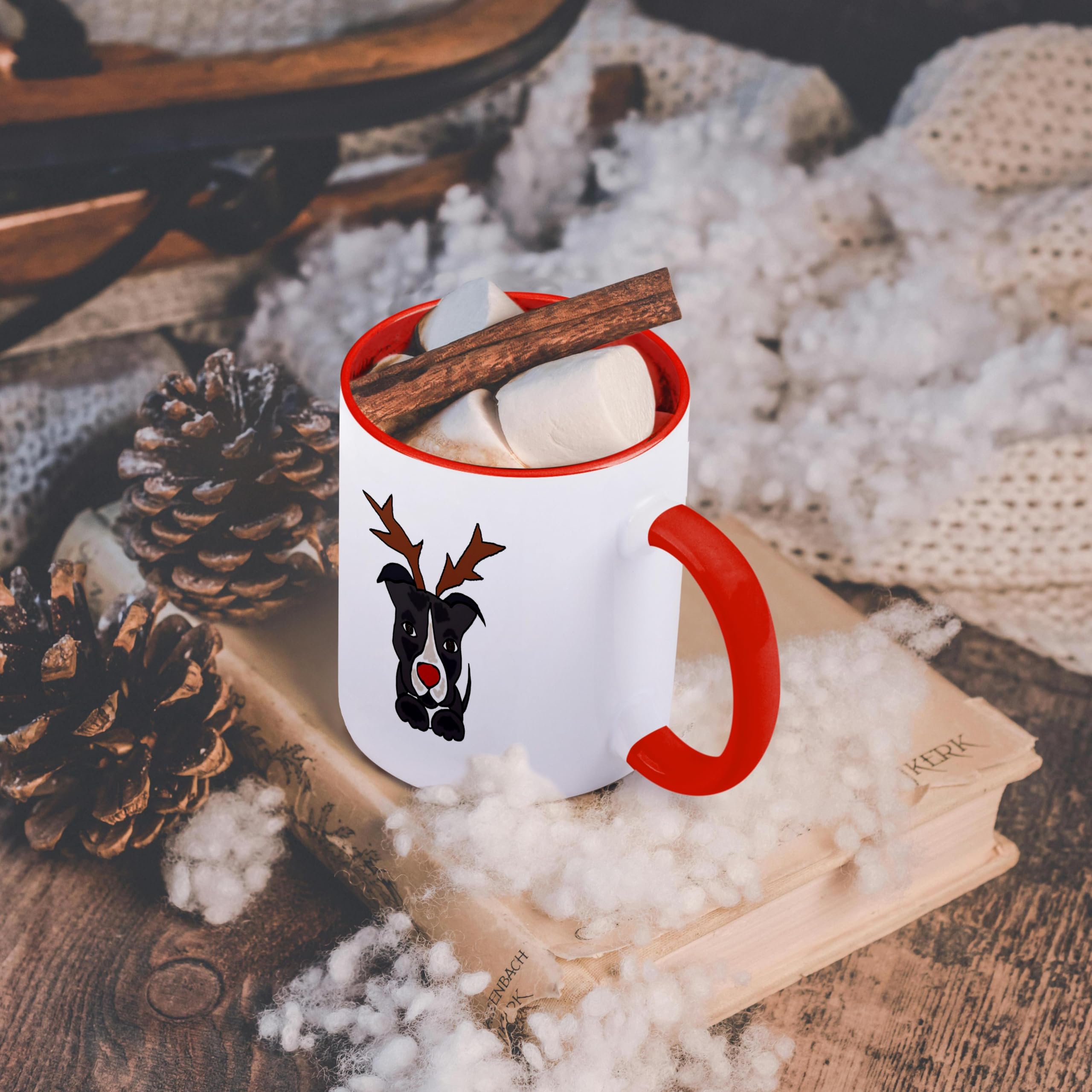 Funny Pitbull Dog Dressed as Rudolph Red Nosed Reindeer Coffee Mug - 11oz Two-Tone Red Ceramic Cup - Perfect for Christmas Gifts, Dog Lovers & Holiday Office Parties