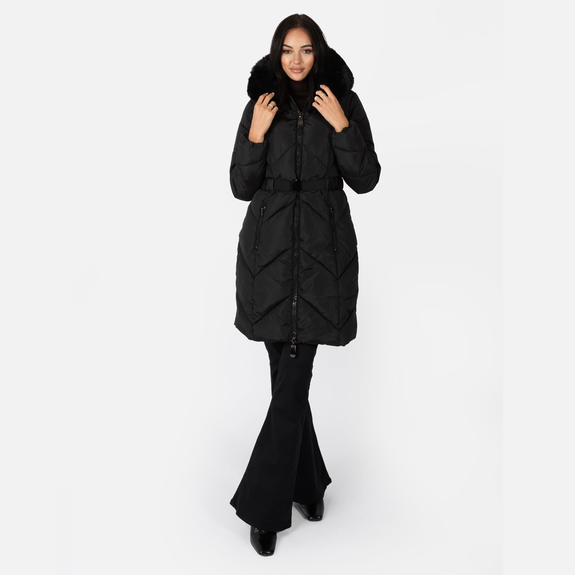 Lovedrobe Women's Winter Jacket - Quilted Padded Puffer Coat with Faux Fur Hood, Belted Waist & Front Pockets - Warm Outerwear for Cold Weather, Snow, Skiing & Daily Winter Fashion