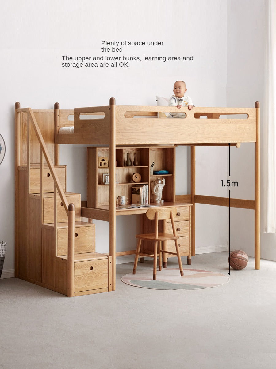 Solid Oak Wood Loft Bed with Storage Cabinet - Space-Saving Furniture for Small Rooms, Kids Bedroom & Dormitory