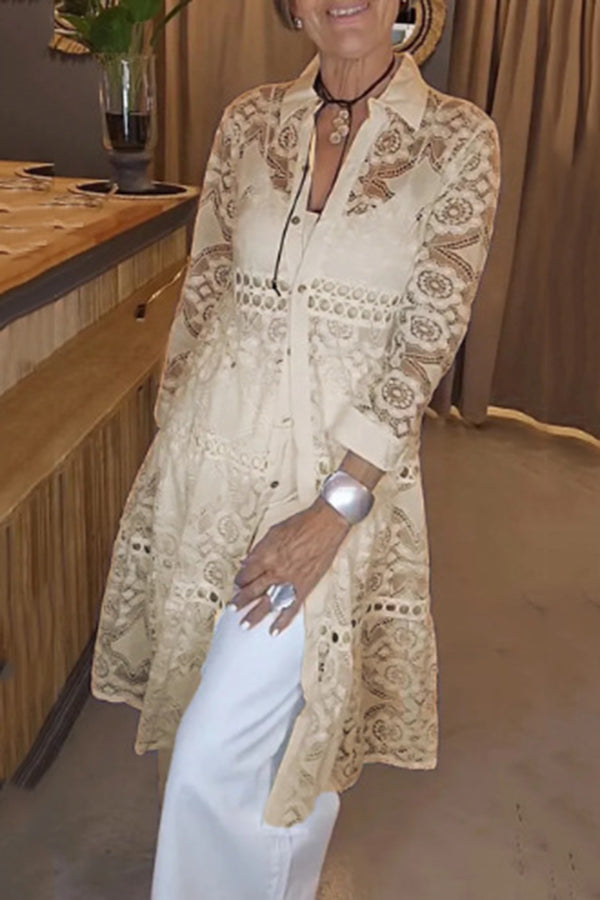 Elegant Solid Color Hollow Lace Lapel Button Down Long Sleeve Shirt for Women - Perfect for Office Wear, Date Night & Special Occasions