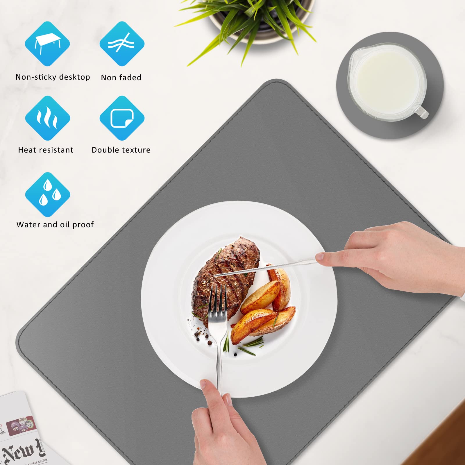 Set of 6 Grey Waterproof Faux Leather Placemats - Heat Resistant & Wipeable Table Mats with Coasters for Kitchen, Dining Room, Outdoor Decor | Perfect for Dinner Parties, BBQs, and Daily Use
