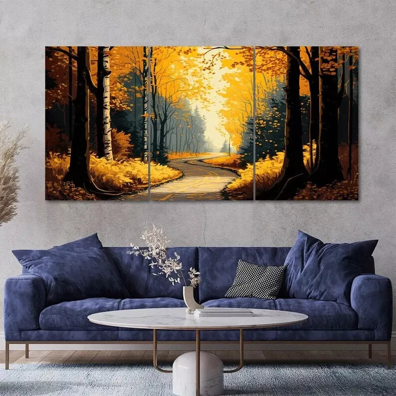 3 Pcs Yellow Forest Pathway Landscape Paintings - Framed Canvas Wall Art 40x60cm | High Quality Print | Australian Made | Ready to Hang | Perfect for Living Room, Bedroom & Office Decor