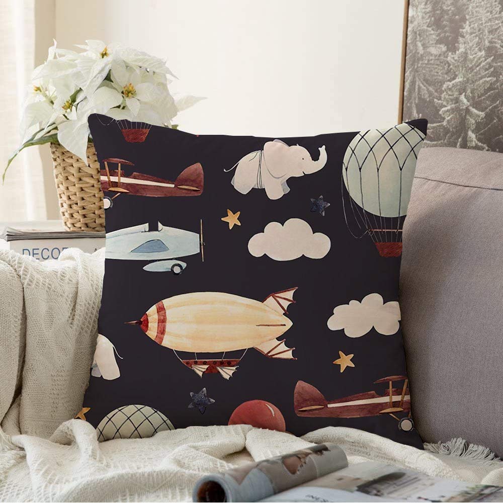 Blue Cloud Watercolor Airplane Throw Pillow Covers 18x18 Inch - Soft Decorative Square Cushion Covers for Couch, Bedroom, Nursery | Kids Room Decor, Boys' Aerostat Aircraft Theme, Baby Balloon Design