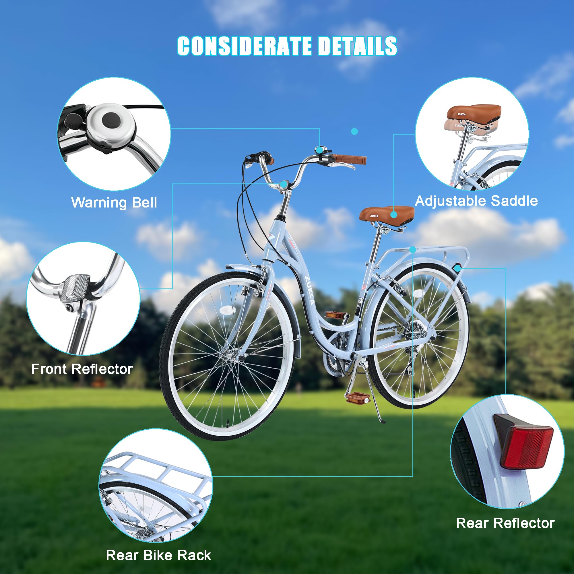 26 Inch Women's Beach Cruiser Bike - 7 Speed Commuter Bicycle with Lightweight High Carbon Steel Frame, Alloy Wheels, Platform Pedals & Comfortable Oversized Seat - Perfect for Coastal Rides, City Commuting & Leisure Cycling