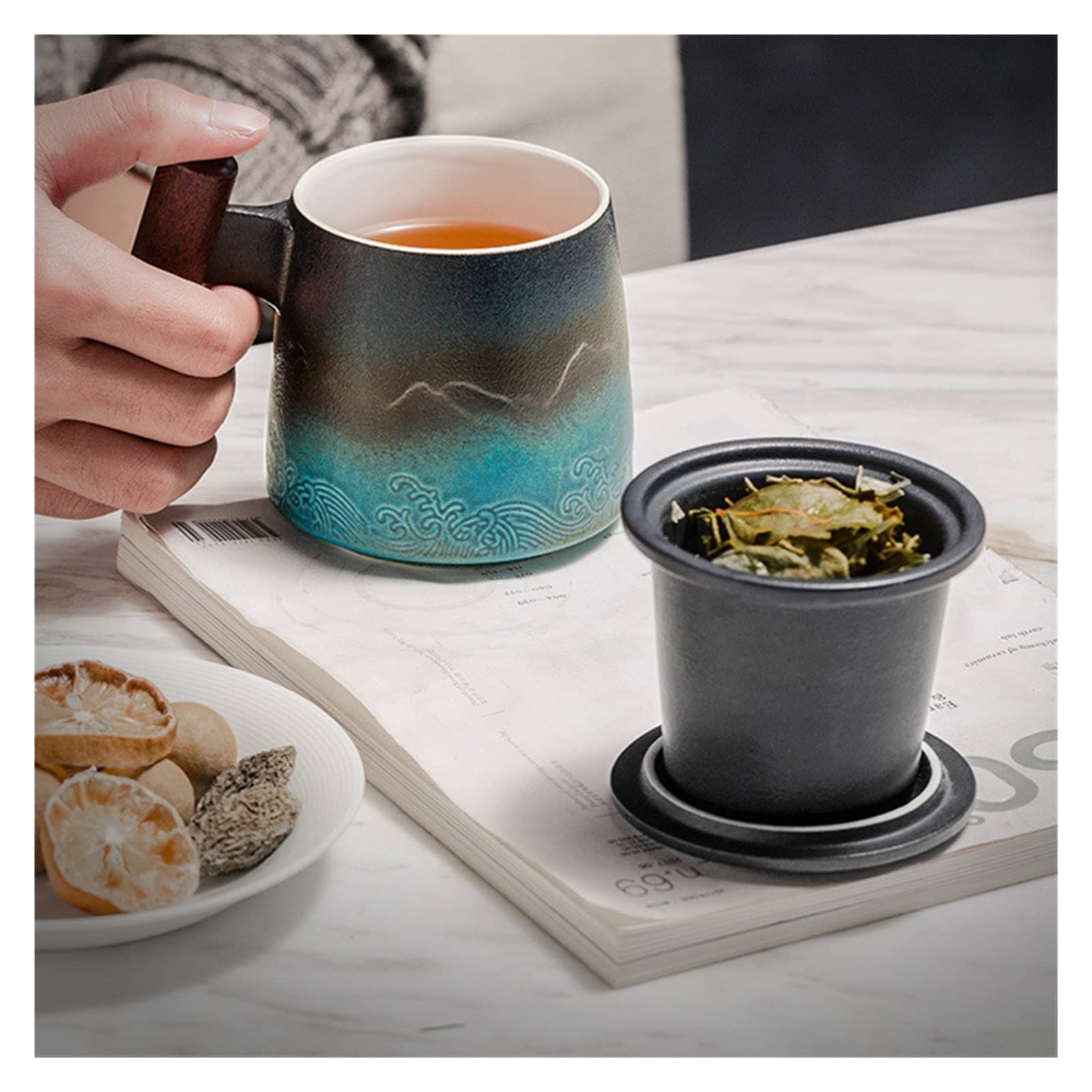 Premium 310ml Ceramic Tea Mug with Infuser & Lid - Elegant Black & Blue Tea Cup Set - Perfect Gift for Tea Lovers - Ideal for Home, Office & Relaxation