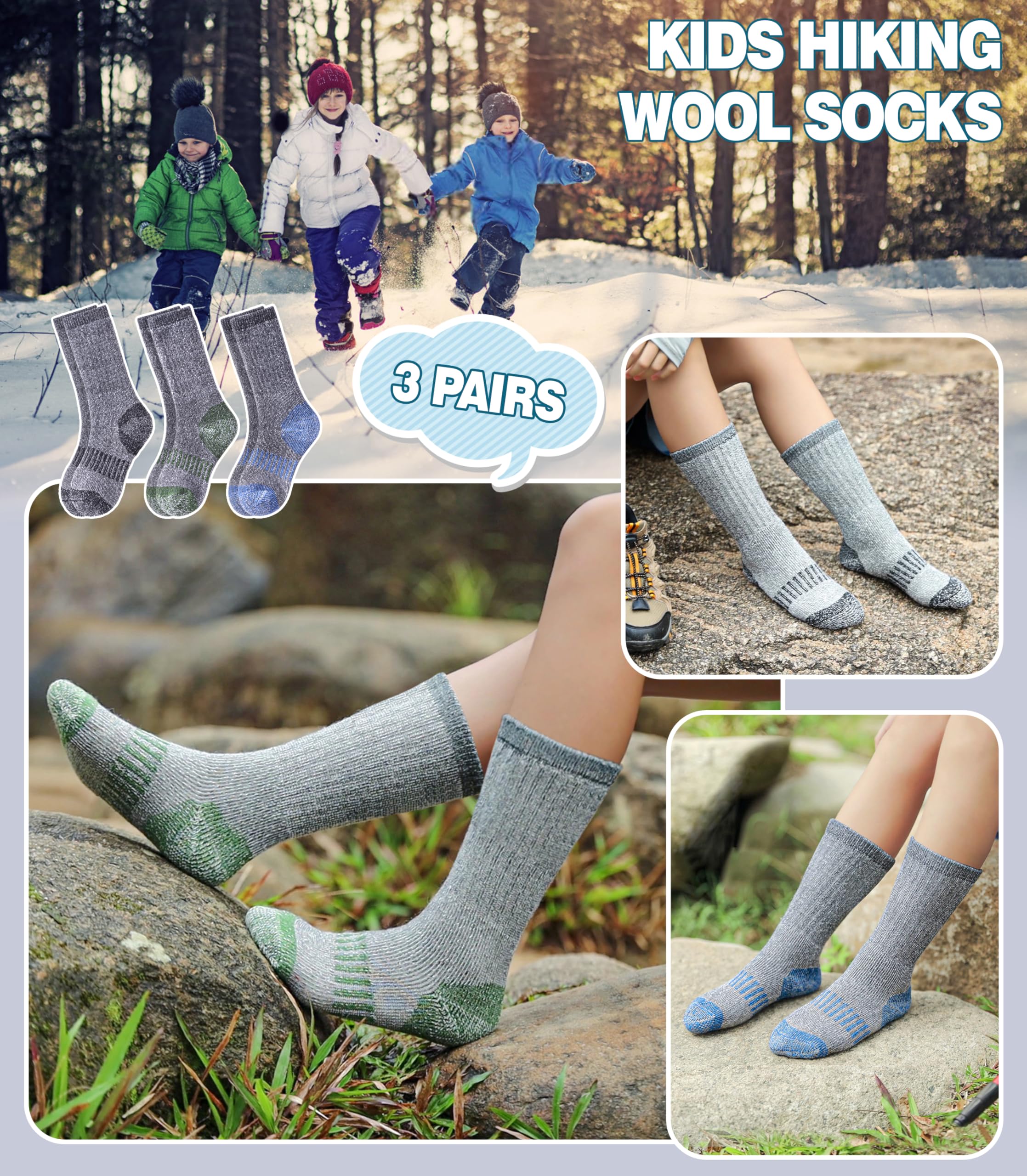 Kids Merino Wool Hiking Socks for Boys & Girls - Thermal Winter Warm Thick Cushioned Crew Socks for Boots | Perfect for Outdoor Adventures, Snow Play & Cold Weather Activities