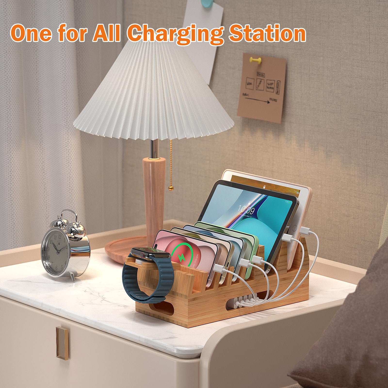 Pezin & Hulin 5-Port USB Bamboo Charging Station - Multi-Device Organizer for Phone, Tablet, Laptop & Smartwatch | Compact Wooden Dock Stand for Home, Office & Travel
