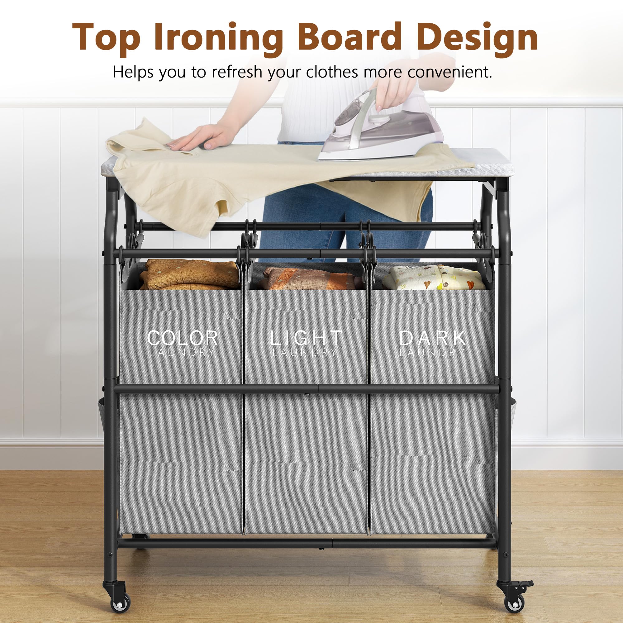 Hoctieon 3-Section Laundry Sorter Cart with Ironing Board & Removable Bags - Heavy Duty Rolling Laundry Hamper with Shelf & Wheels - Large Laundry Basket Organizer for Bedroom, Laundry Room & Dorm - Gray
