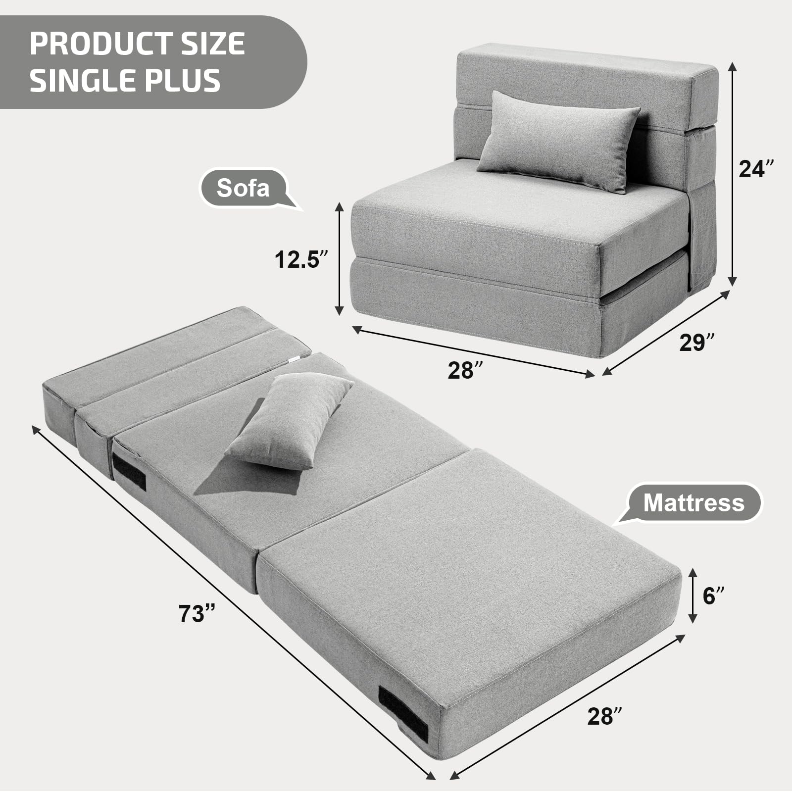 Convertible Folding Sofa Bed with Memory Foam & Pillow - Multi-Functional Sleeper Chair for Living Room, Dorm, Guest Room, Home Office - Light Gray - Perfect for Small Spaces, Overnight Guests & Studio Apartments