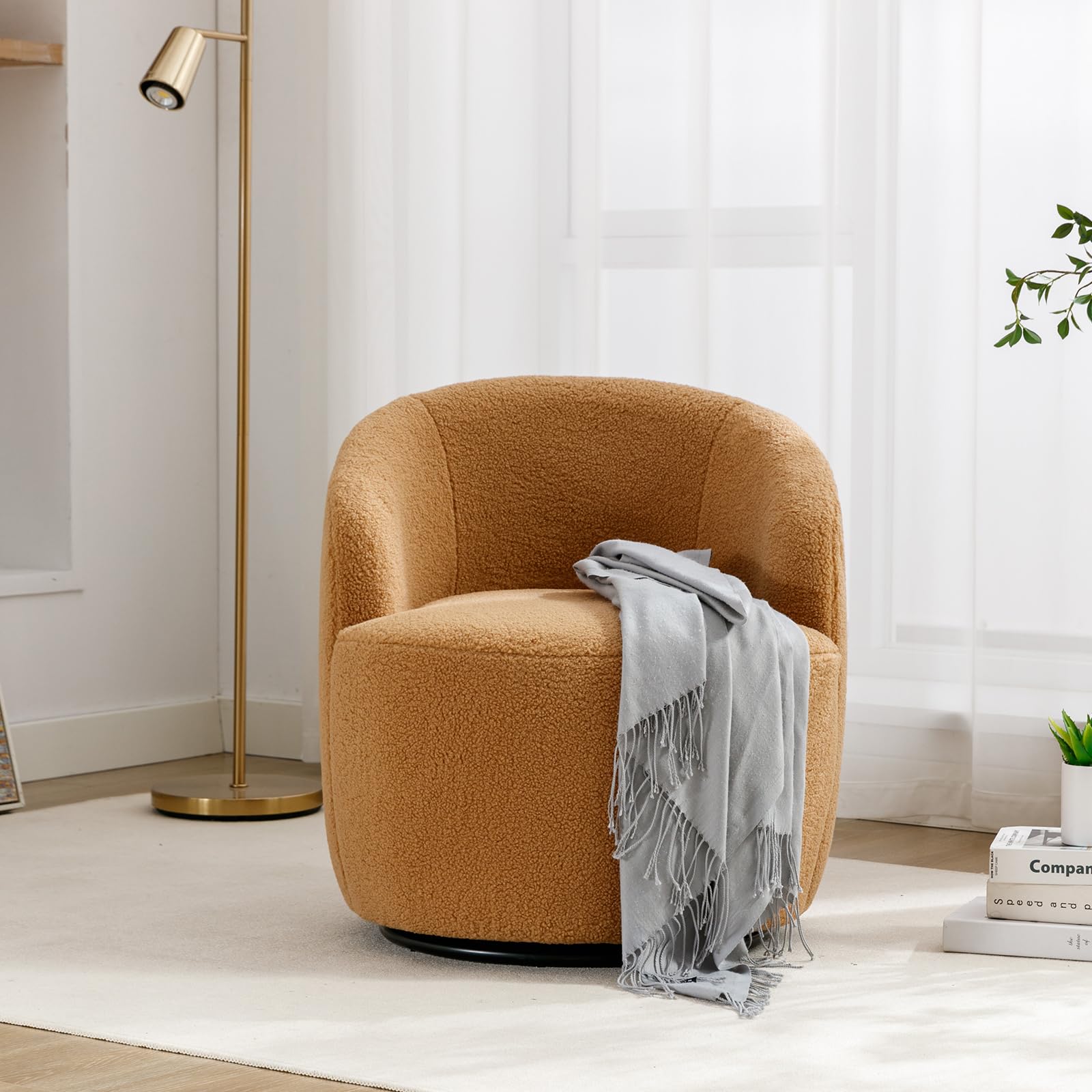 KIVENJAJA 360 Degree Swivel Barrel Chair - Modern Round Accent Armchair with Teddy Sherpa Upholstery, Small Single Sofa Chair for Nursery, Living Room, Bedroom - Cozy Seating for Reading Nooks, Home Offices & Lounge Areas (Teddy, Camel)