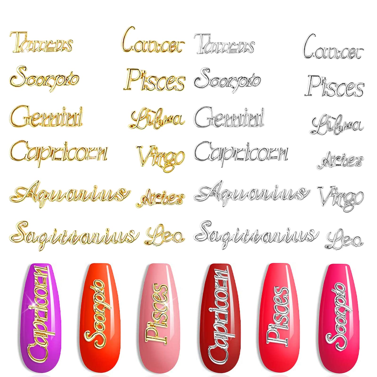 72-Piece Alloy Zodiac Constellation Nail Charms - Gold & Silver Zodiac Sign Nail Studs for Women & Girls | Perfect for Nail Art, DIY Manicures, and Gift Giving