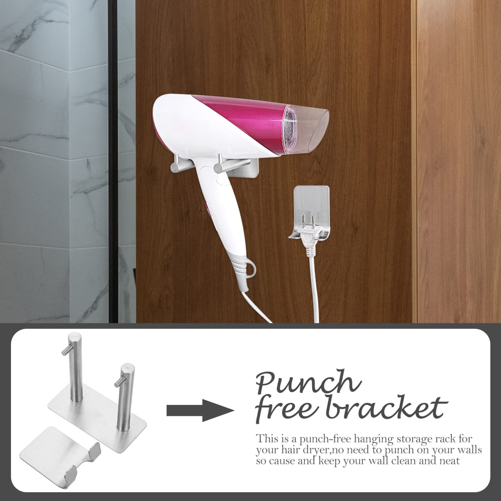 Cabilock 1 Set Stainless Steel Wall Mount Hair Dryer Holder & Towel Hook - 304 Stainless Steel Suction Cup Organizer for Blow Dryer, Curling Iron, Silverware & Kitchen Utensils - Perfect for Bathroom, Salon & Bedroom Organization