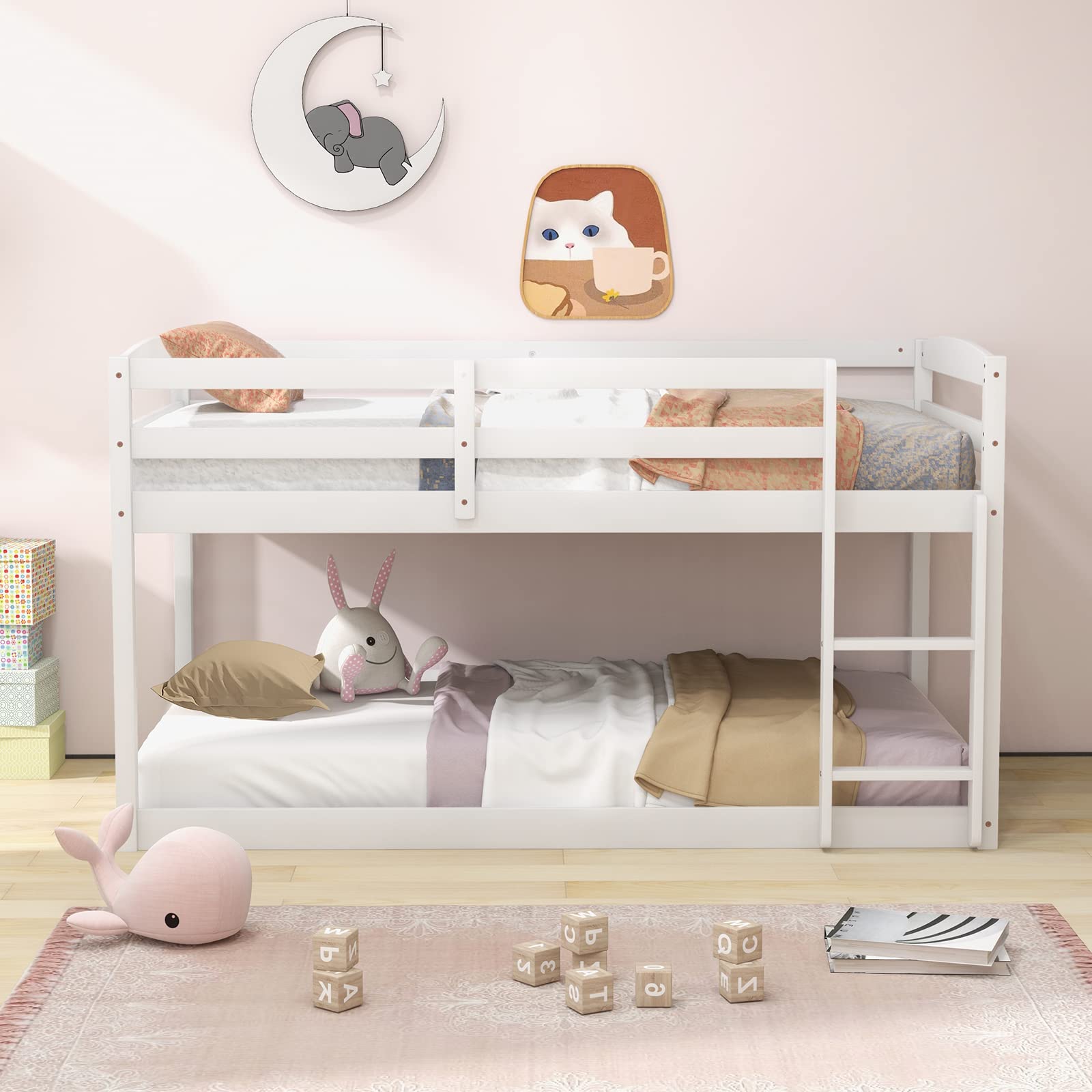 Giantex Twin Low Bunk Bed Frame - Solid Wood Twin Over Twin Bunk Bed with Full Guardrails & Built-in Ladder - Sturdy Kids Bunk Beds for Boys and Girls - No Box Spring Required - White - Perfect for Small Bedrooms, Kids' Rooms, Sleepovers & Space-Saving Solutions