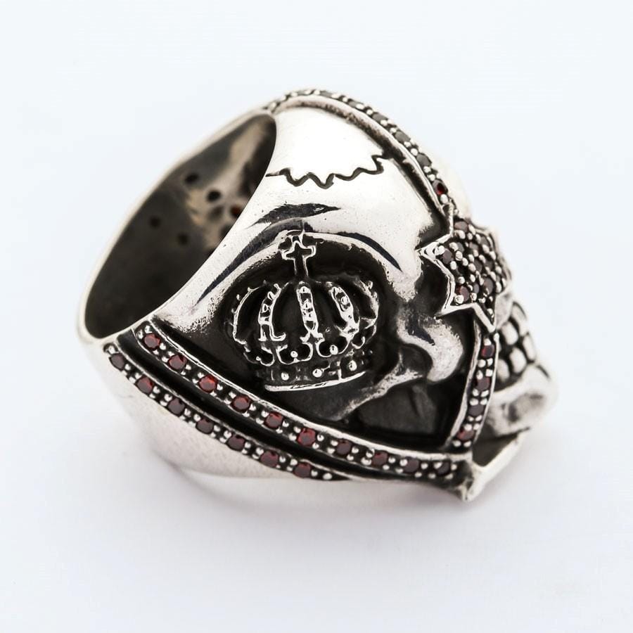 Sterling Silver Red Garnet Eye Crown Pirate Skull Ring for Men - Gothic Jewelry, Punk Accessory, Halloween Costume, Cosplay, Steampunk Fashion