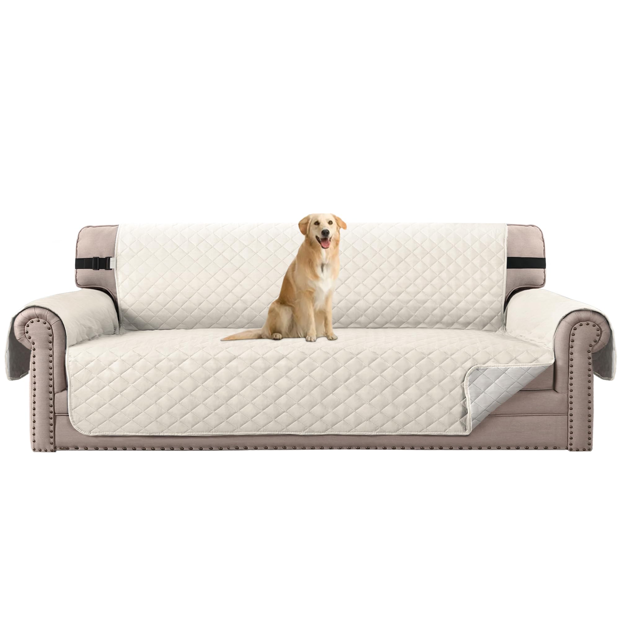 H.VERSAILTEX Reversible Quilted Sofa Cover for 3 Cushion Couch - Water Resistant, Washable Furniture Protector - Fits Oversized Sofas (Ivory/Beige) - Perfect for Living Room, Family Room & Pet-Friendly Homes