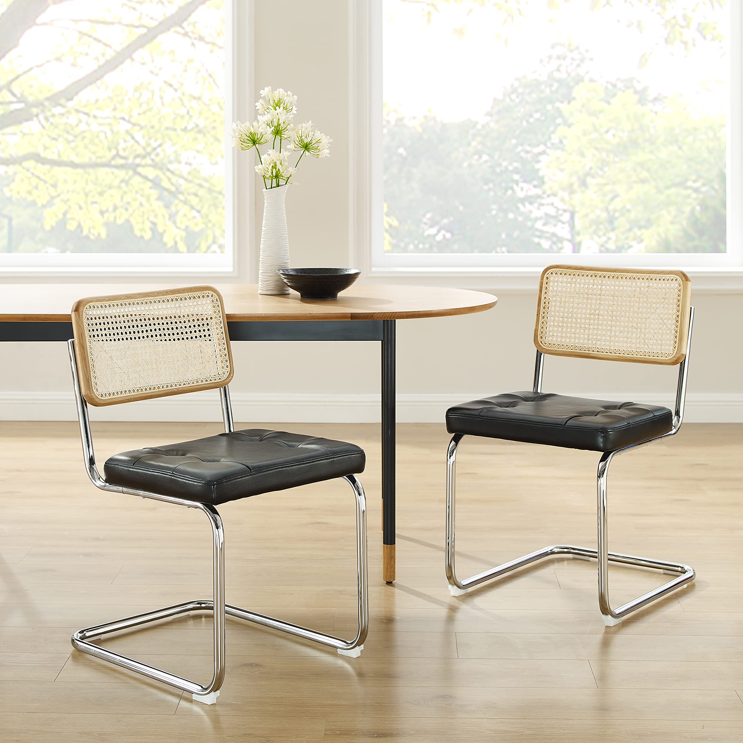 Art Leon Rattan Dining Chairs Set of 2 - Natural Oak Frame Mid Century Modern Style - Woven Backrest & Faux Leather Upholstered Cane Chairs with Chrome Metal Legs in Black - Perfect for Dining Room, Kitchen, Breakfast Nook or Patio Decor