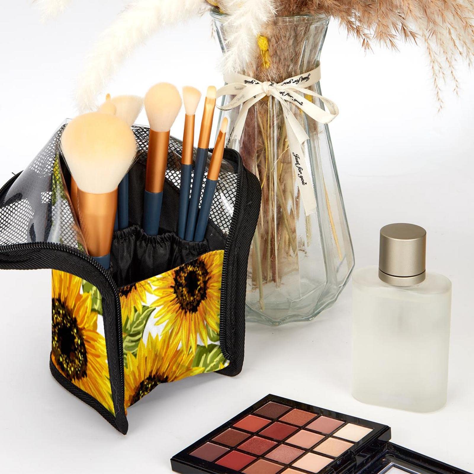 Floral Sunflower Makeup Brush Organizer Bag with 12 Brushes - Portable Travel Cosmetic Brush Holder Case for Professional Makeup Artists & Home Vanity Storage