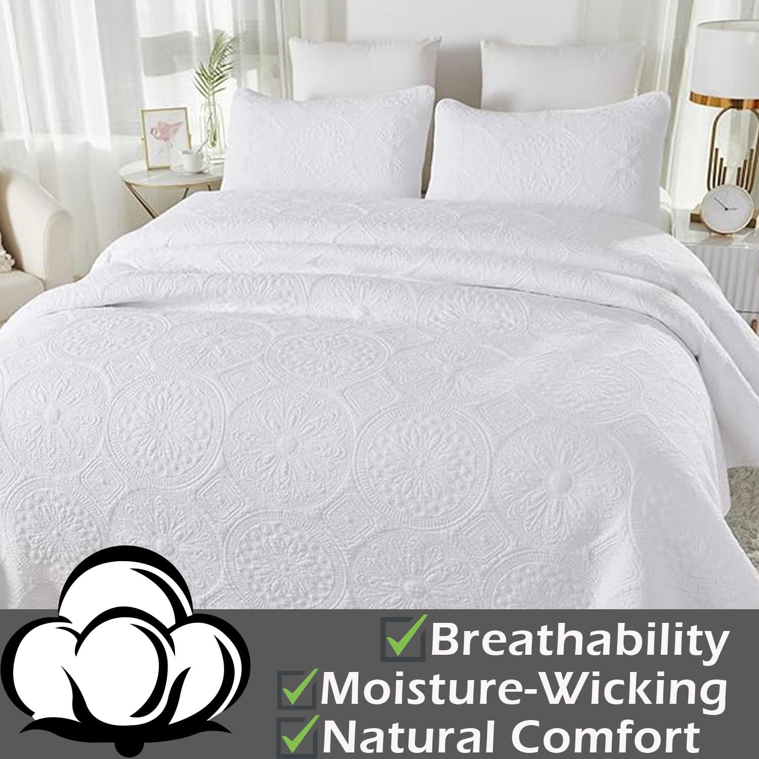 Brandream Luxury White Quilt Bedding Set - Queen Size Bedspread with Elegant Medallion Design, 3-Piece Matelasse Coverlet Set for Master Bedroom, Guest Room & Hotel Decor