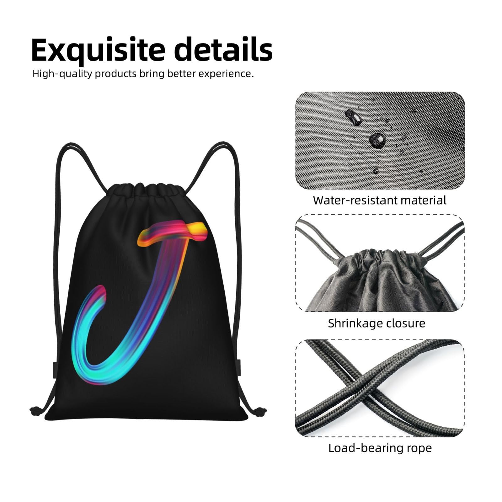 Personalized Initial Drawstring Backpack - Lightweight Black Cinch Sack for Gym, Sports, Travel & Outdoor Activities | Perfect for Swimming, Beach, Camping & School | Custom Rainbow Letter Design