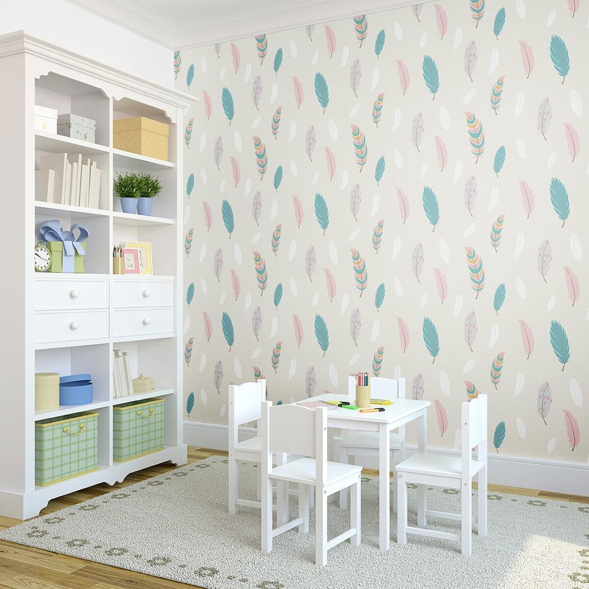 Cream and Teal Animal Print Baby Nursery Removable Wallpaper - Self-Adhesive Peel & Stick Wall Decor for Kids Room, Bedroom, Playroom