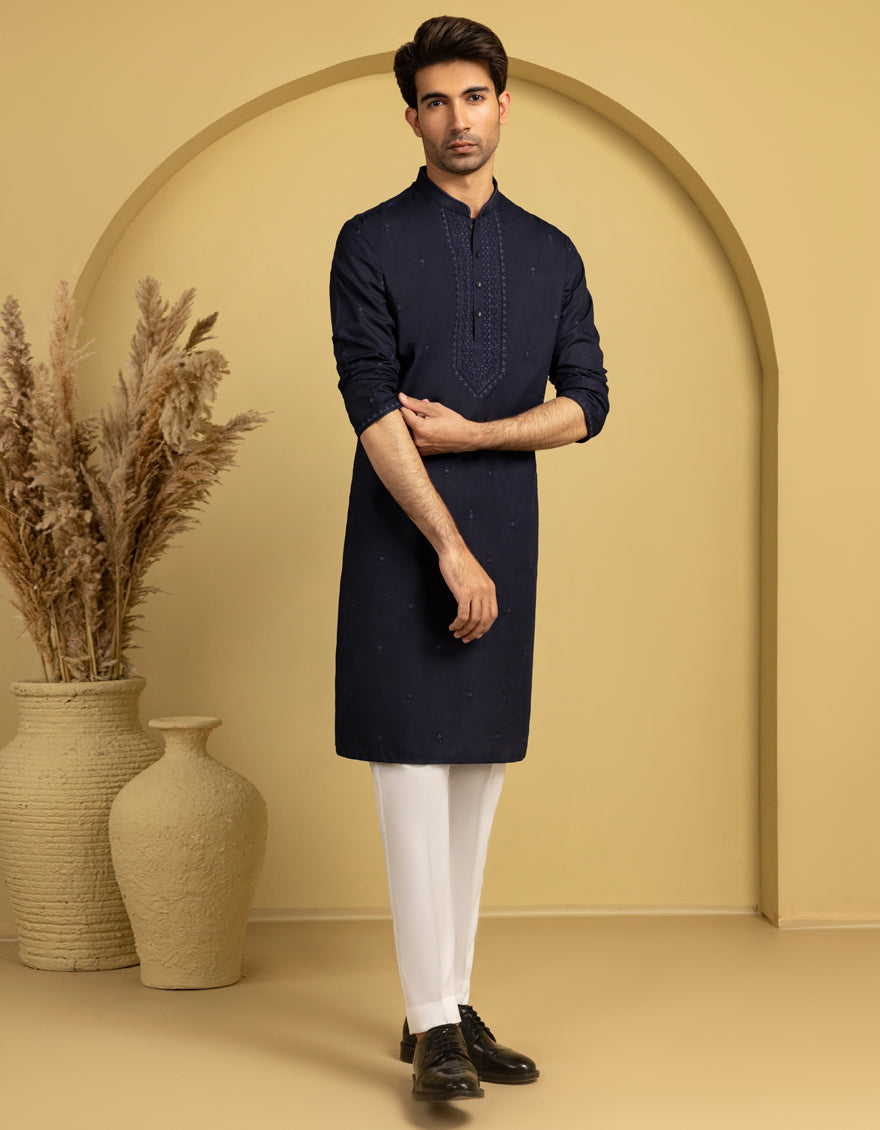 Premium Cotton Navy Blue Men's Kurta by J. Junaid Jamshed - Traditional Pakistani Formal Wear for Weddings & Special Occasions