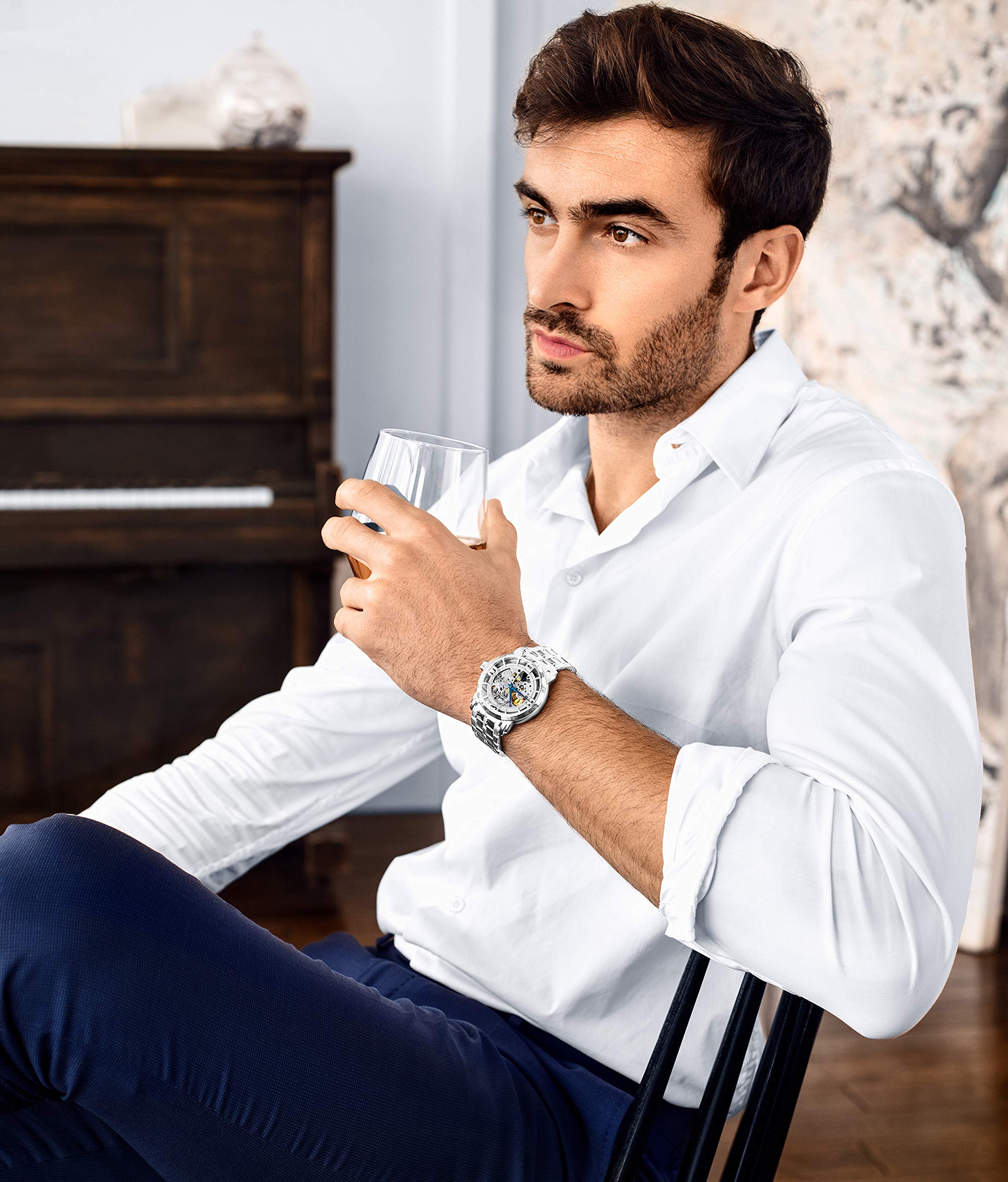 Stuhrling Original Men's Skeleton Automatic Watch - Self-Winding Mechanical Dress Watch - Winchester 44 Elite Silver Timepiece for Formal & Casual Occasions