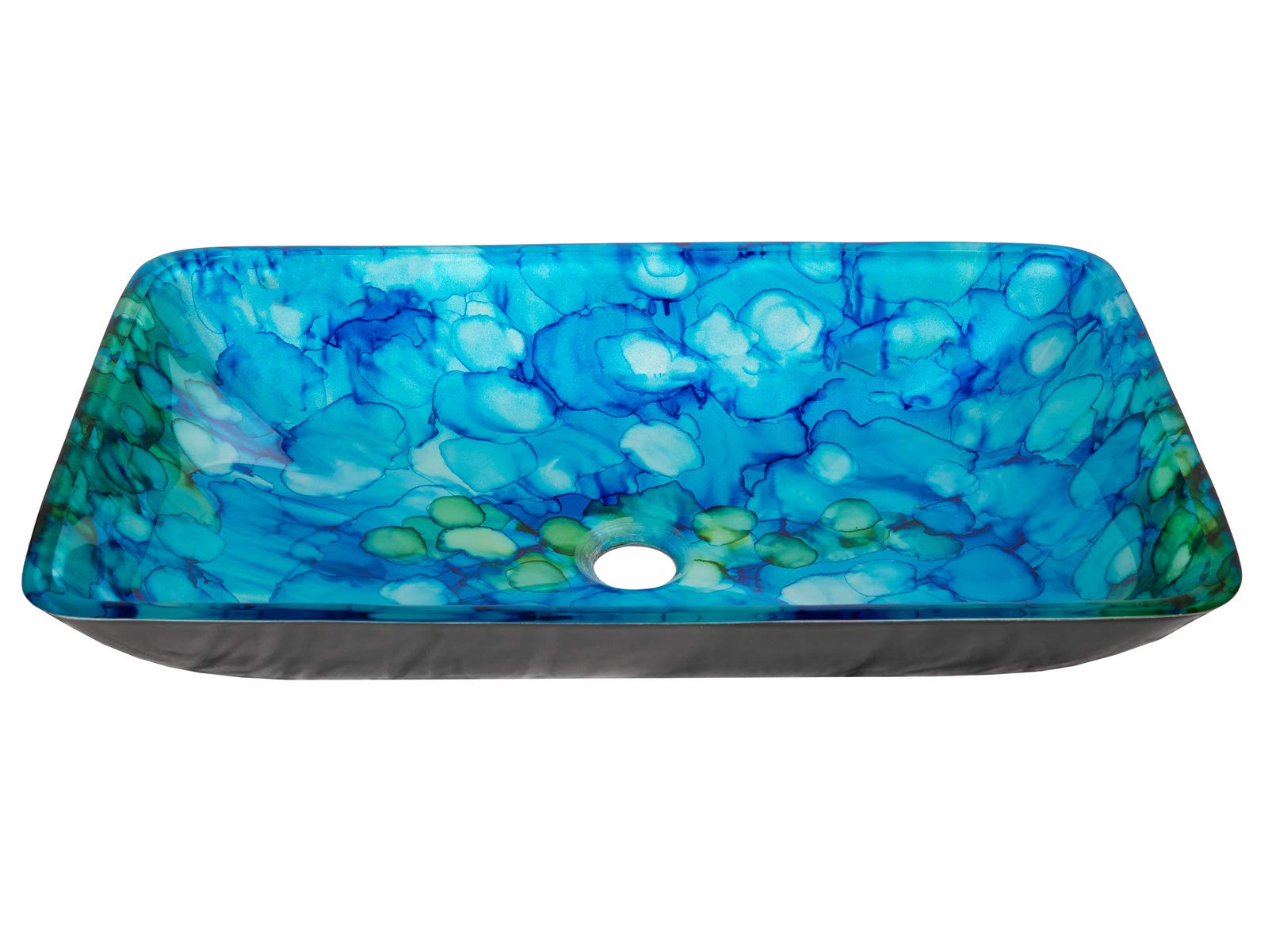 Blue and Green Water Lilies Rectangular Glass Vessel Sink for Bathroom - Modern Art Decor Vanity Sink for Home & Hotel Use - Perfect for Spa, Powder Room, and Luxury Bathroom Renovations