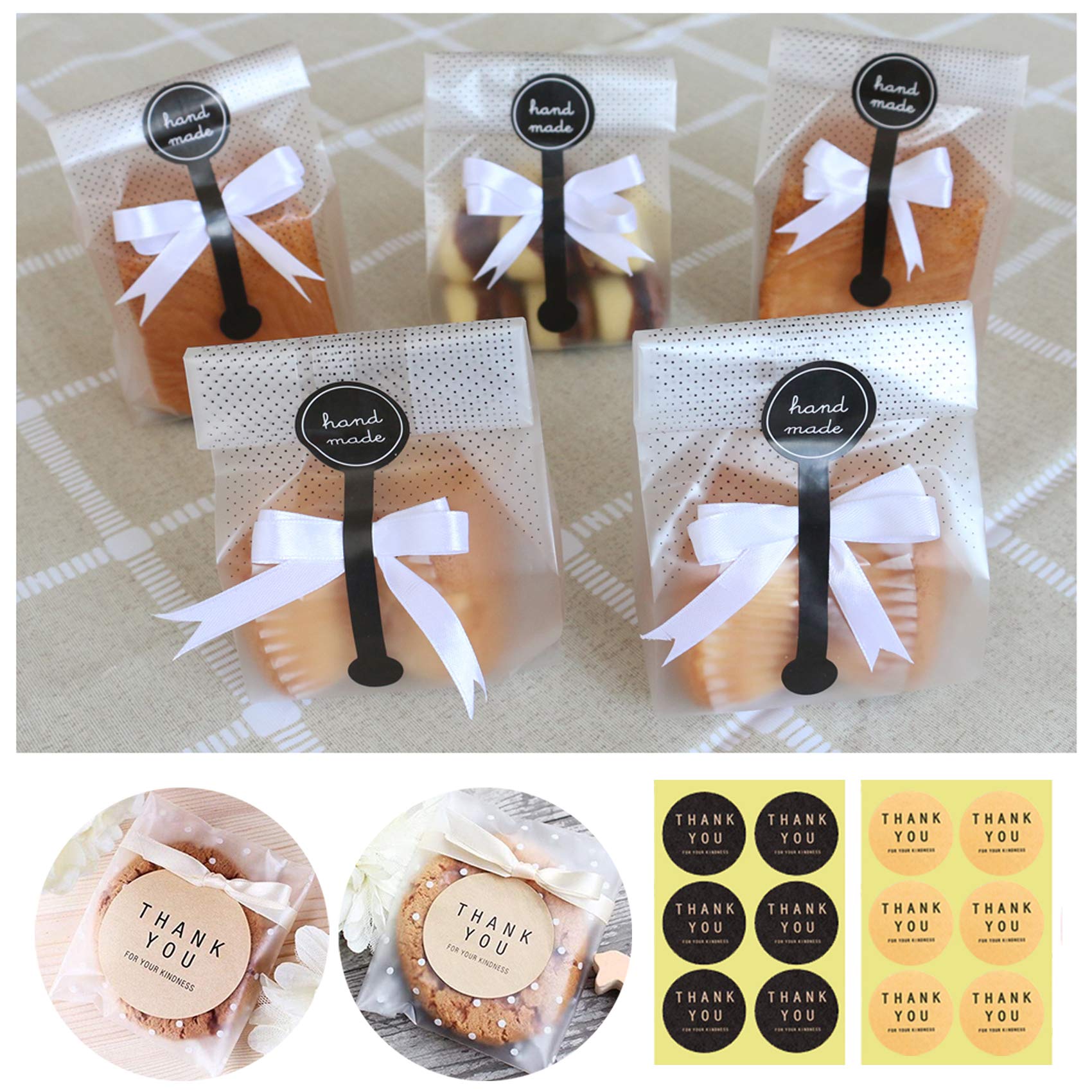 Cookie Bags for Packaging - Self-Sealing Plastic Treat Bags, Cellophane Pastry & Candy Bags for Bakery, Gift Wrapping & Party Favors with Stickers & Ribbon - Perfect for Birthday Parties, Wedding Favors & Holiday Treats