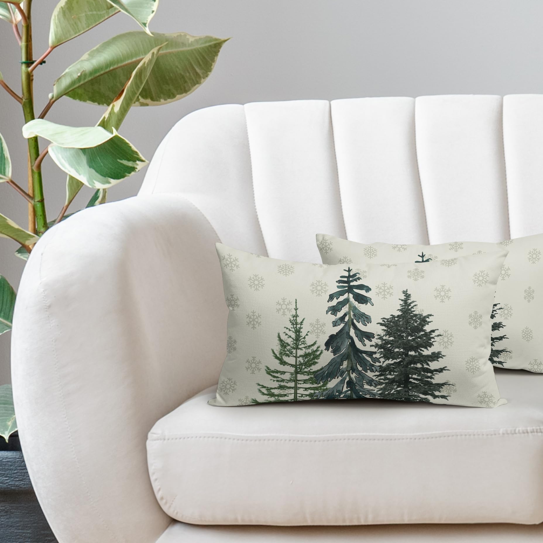12x20 Inch White Christmas Tree Snowflake Lumbar Pillow Covers - Set of 2 Cotton Linen Decorative Cushion Cases for Sofa, Couch & Outdoor Winter Holiday Farmhouse Decor | Perfect for Living Room, Bedroom & Seasonal Home Styling