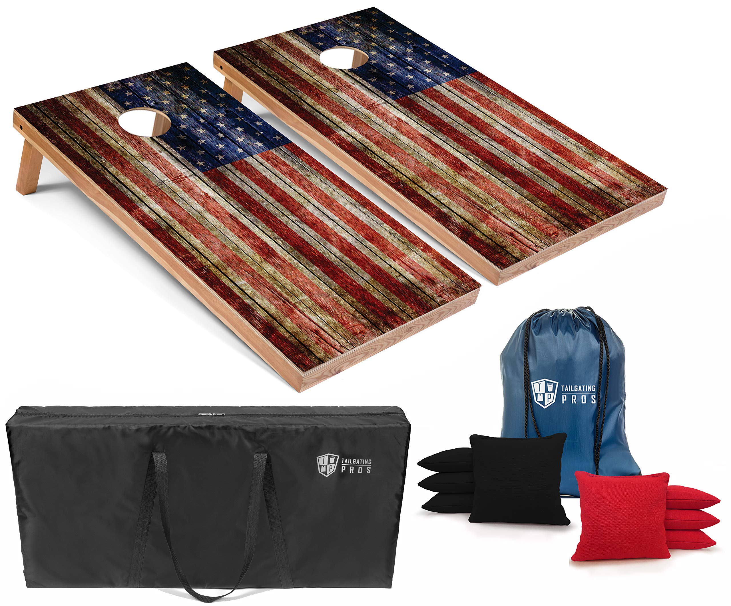 American Flag Cornhole Board Set with Wooden Plank Design - 4'x2' Cornhole Toss Game Includes 8 Bean Bags & Carrying Case - Perfect for Tailgating, Backyard Parties, and Outdoor Family Gatherings